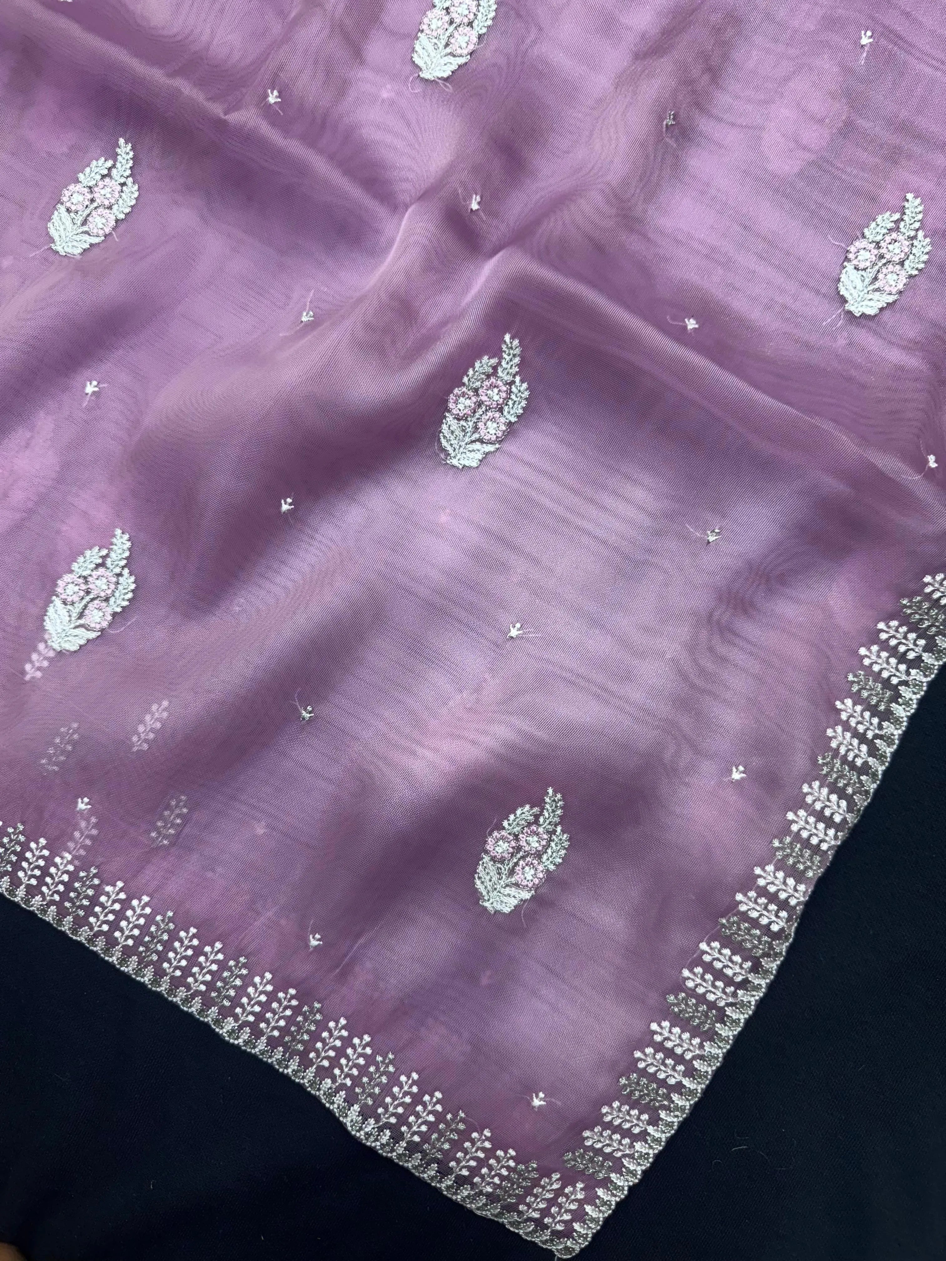 Woman wearing a sheer Organza Saree with elegant detailing and soft flow, perfect for festive events and stylish ethnic occasions.