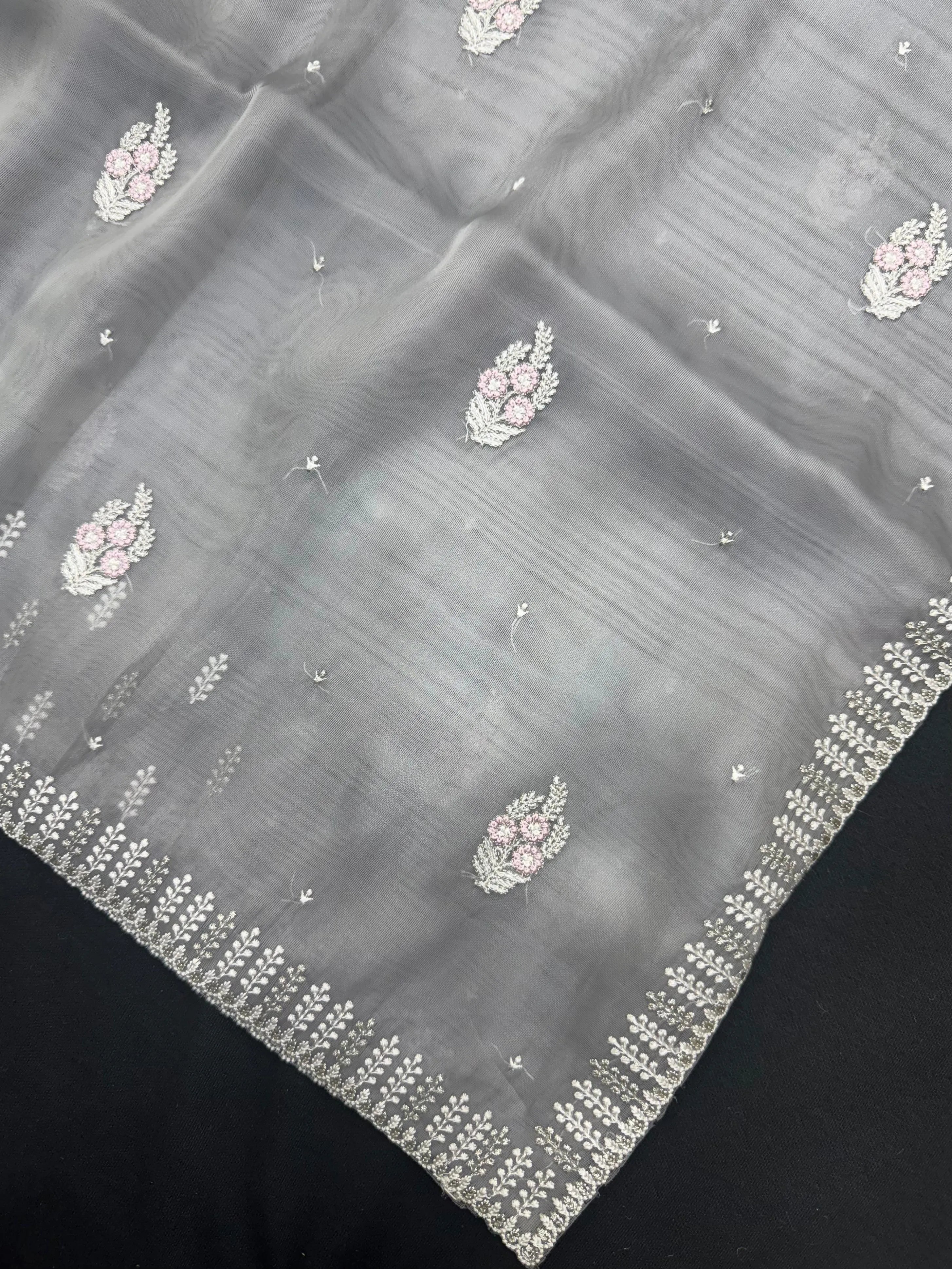 Woman wearing a sheer Organza Saree with elegant detailing and soft flow, perfect for festive events and stylish ethnic occasions.