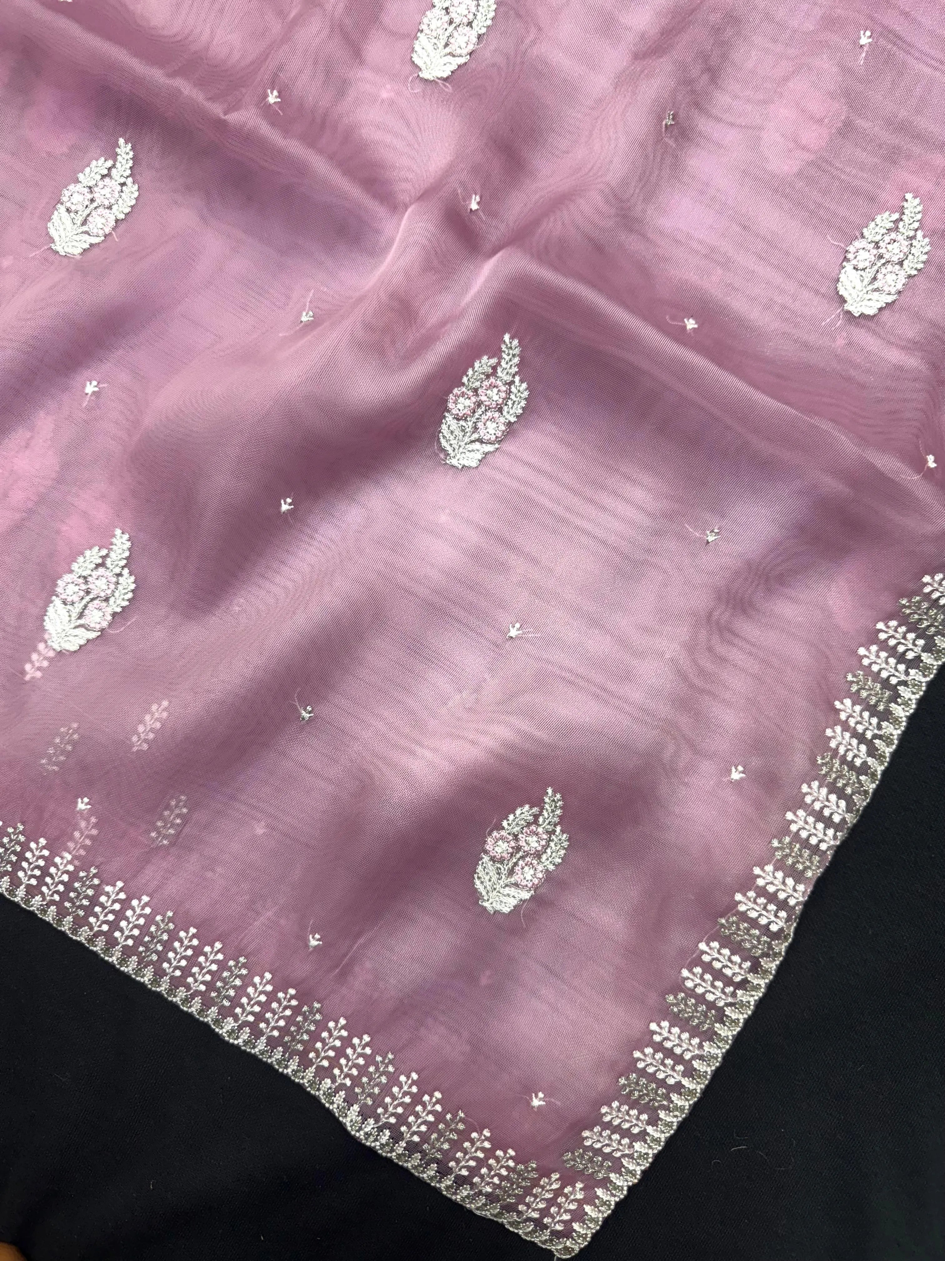 Woman wearing a sheer Organza Saree with elegant detailing and soft flow, perfect for festive events and stylish ethnic occasions.