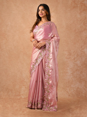 Woman wearing an Organza Saree with sheer, lightweight fabric and elegant drape, ideal for weddings, parties, and festive celebrations.
