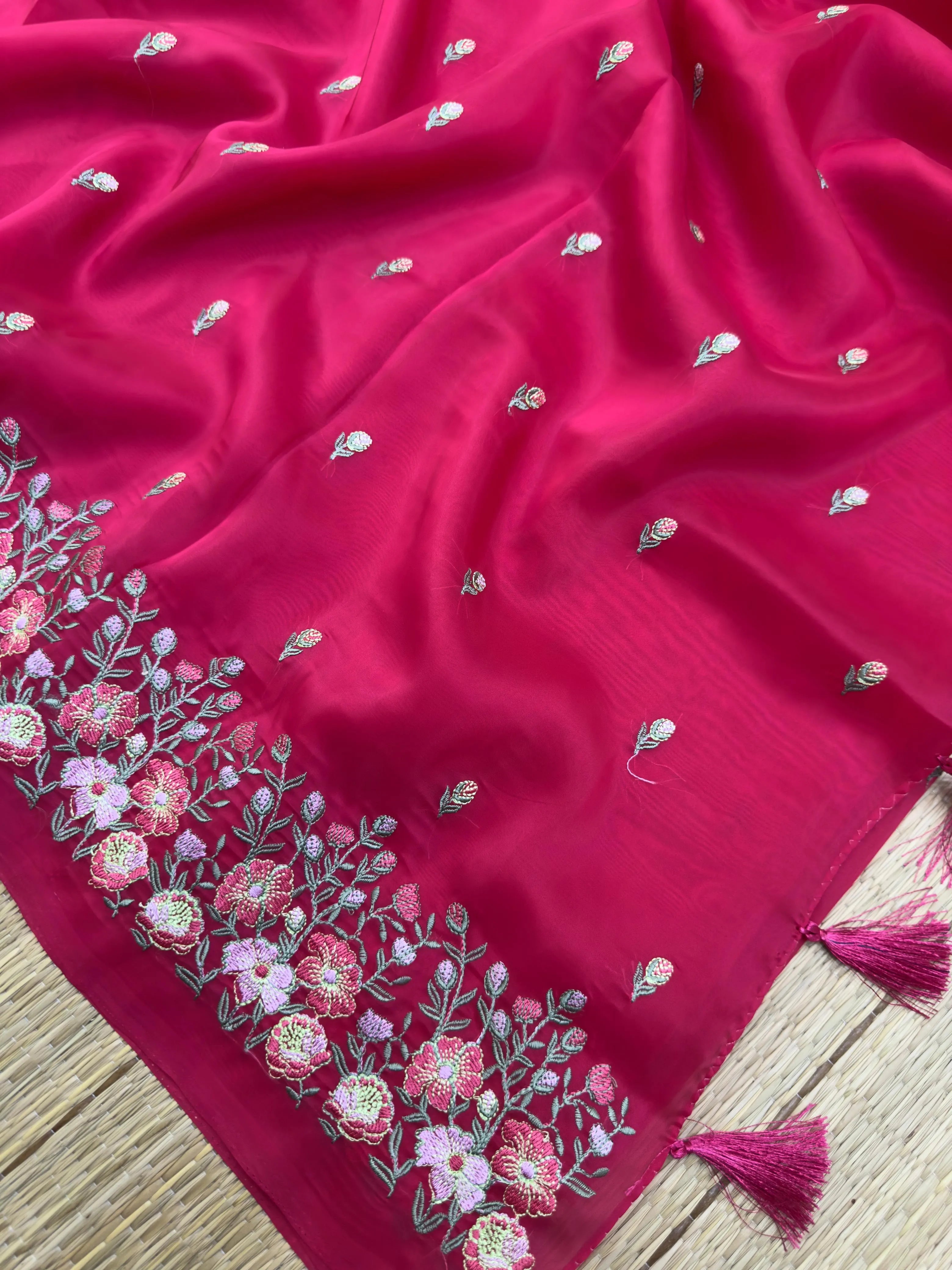 A stunning Organza Saree with a delicate sheen, designed for fancy and party wear. The lightweight, airy fabric drapes beautifully, adding glamour and elegance to any special occasion.