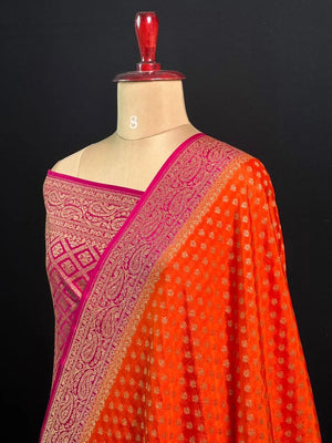Pure Banarasi Crepe Saree-(Mango Border)