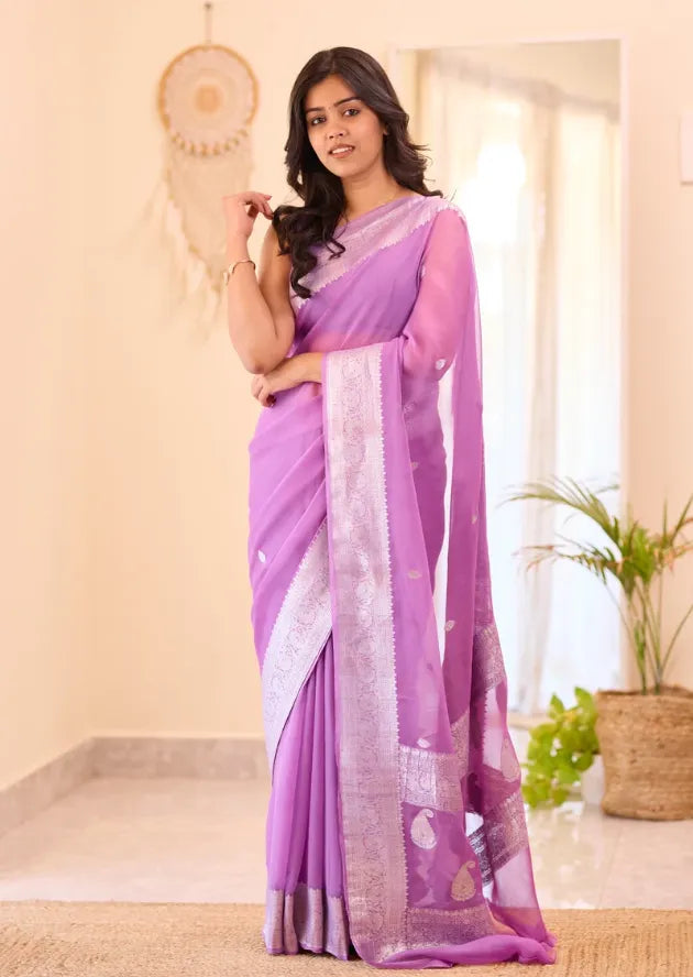 Banarasi Pure Khaddi Chiffon Saree-Self 