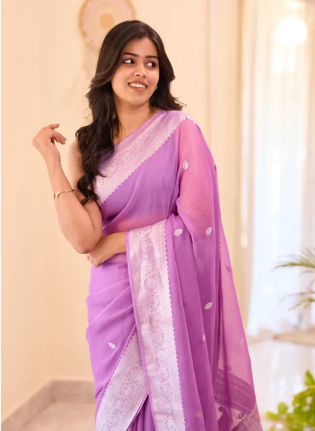 Banarasi Pure Khaddi Chiffon Saree-Self 