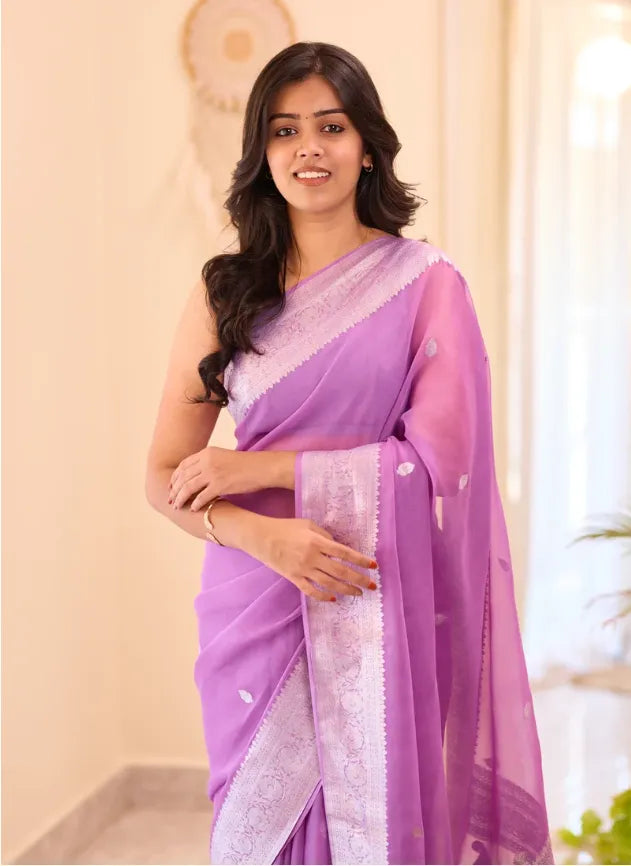 Banarasi Pure Khaddi Chiffon Saree-Self 
