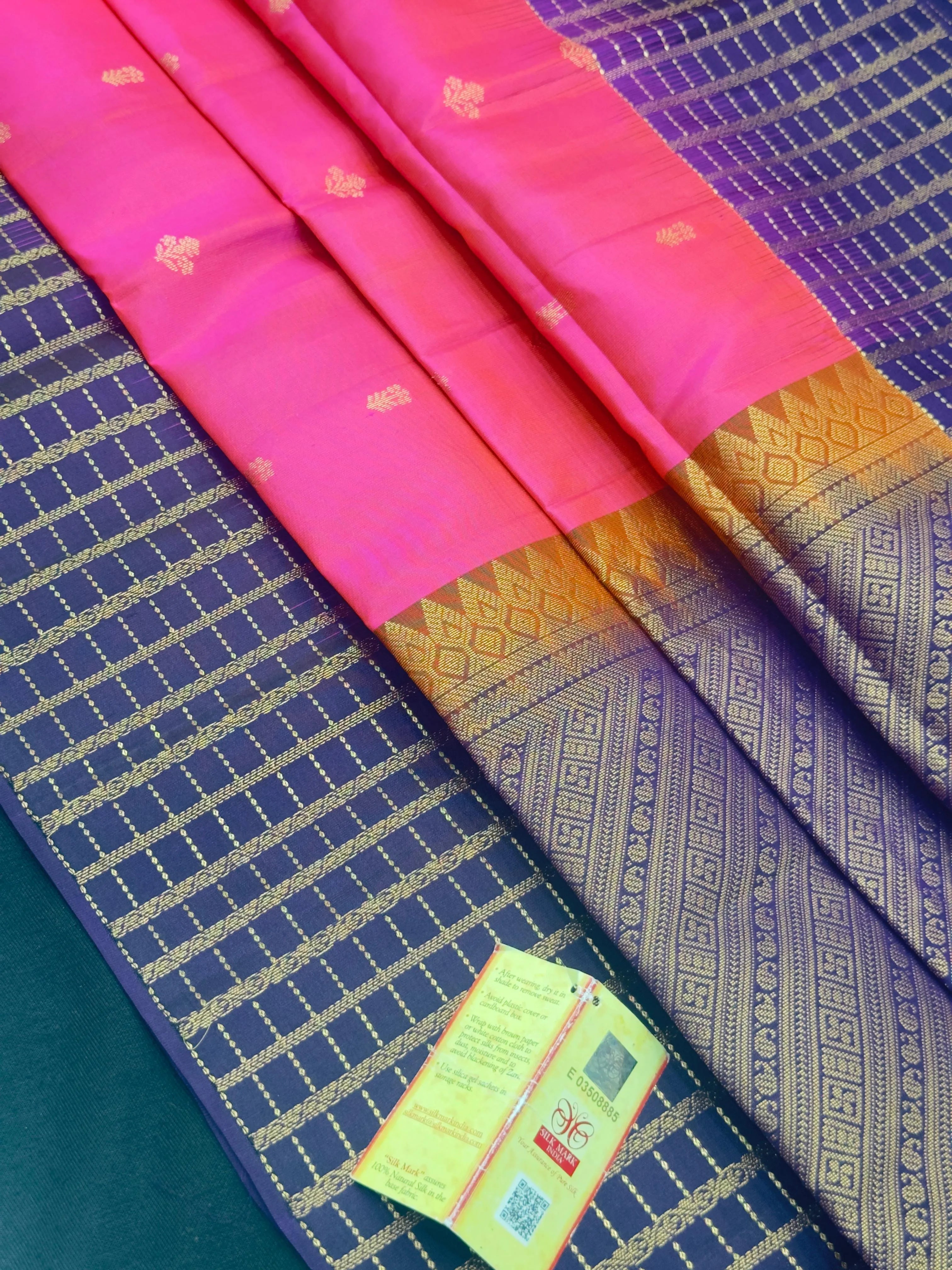 Pure Kanchipuram silk saree with rich golden zari and traditional motifs – ideal for bridal and festive wear