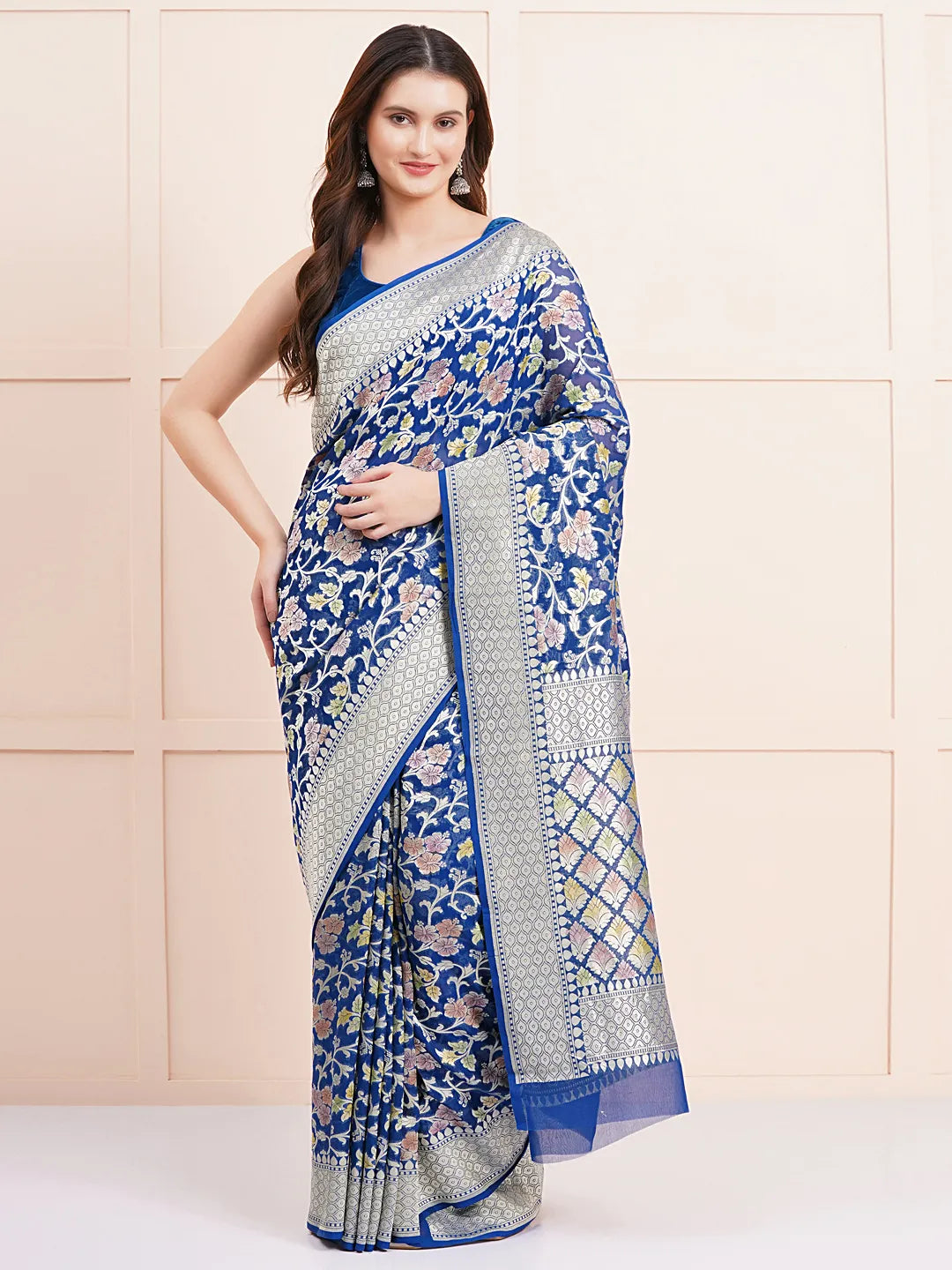 "Elegant pure Khaddi georgette saree, perfect for traditional wear and celebration wear, featuring intricate detailing and a graceful drape for special occasions."