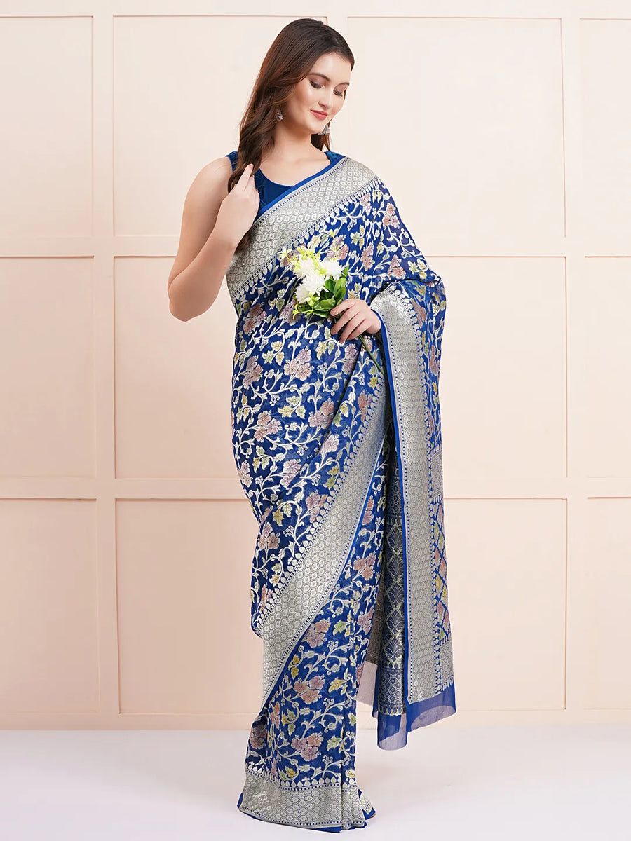 "Elegant pure Khaddi georgette saree, perfect for traditional wear and celebration wear, featuring intricate detailing and a graceful drape for special occasions."