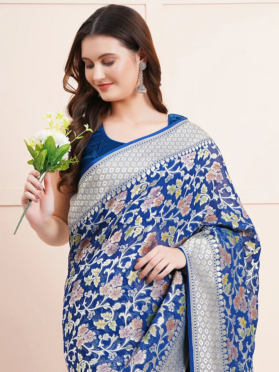 "Elegant pure Khaddi georgette saree, perfect for traditional wear and celebration wear, featuring intricate detailing and a graceful drape for special occasions."