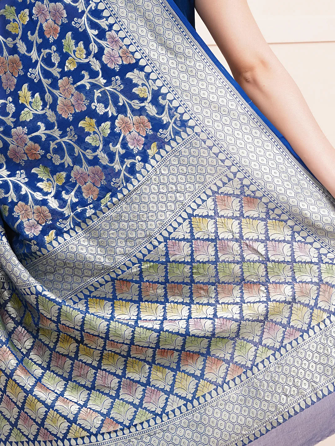 "Elegant pure Khaddi georgette saree, perfect for traditional wear and celebration wear, featuring intricate detailing and a graceful drape for special occasions."
