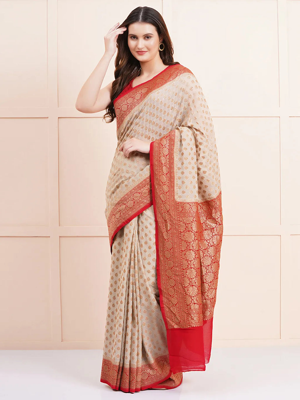 "Elegant pure Khaddi georgette silk saree, perfect for ethnic wear and wedding celebrations, offering a beautiful drape and intricate design for a sophisticated look."