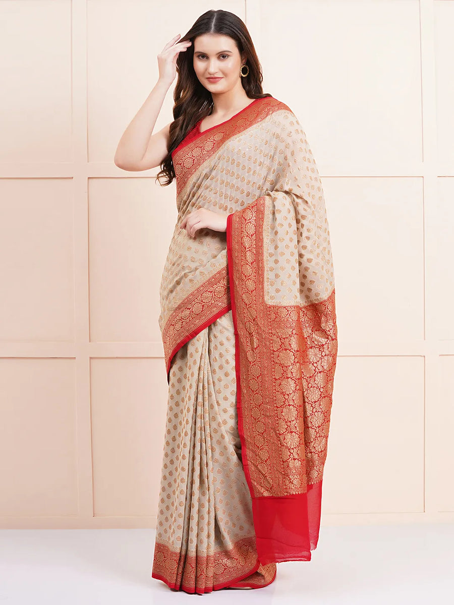 "Elegant pure Khaddi georgette silk saree, perfect for ethnic wear and wedding celebrations, offering a beautiful drape and intricate design for a sophisticated look."