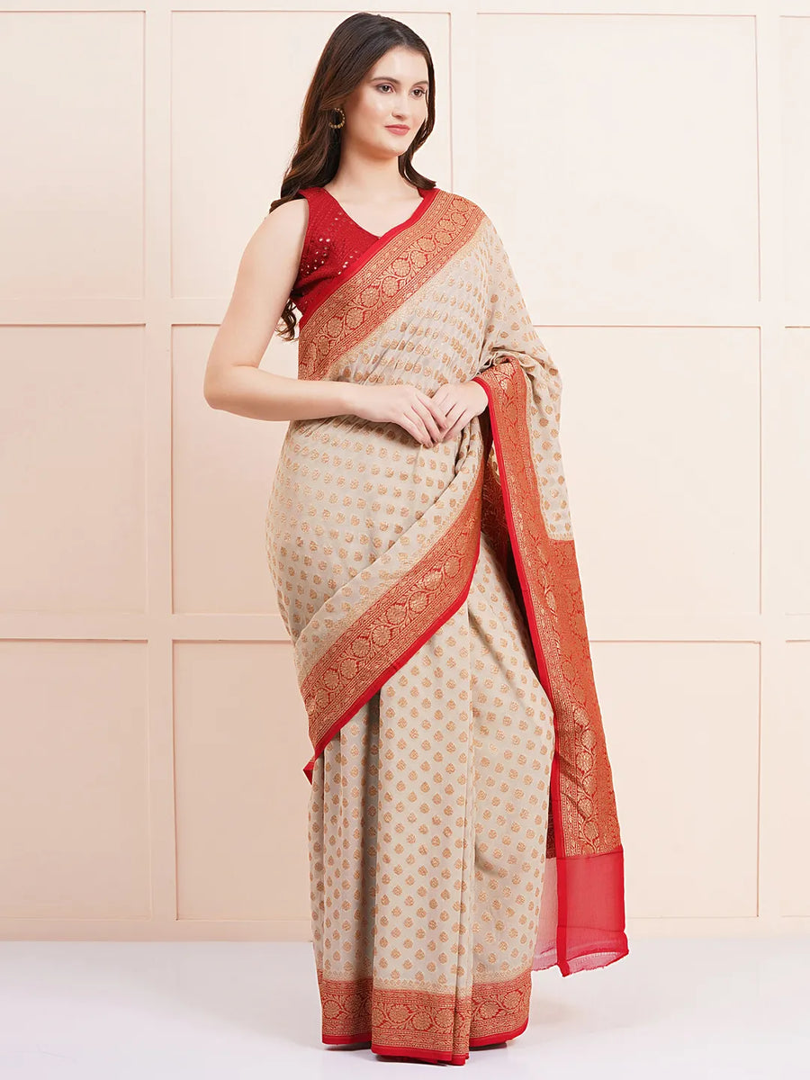 "Elegant pure Khaddi georgette silk saree, perfect for ethnic wear and wedding celebrations, offering a beautiful drape and intricate design for a sophisticated look."