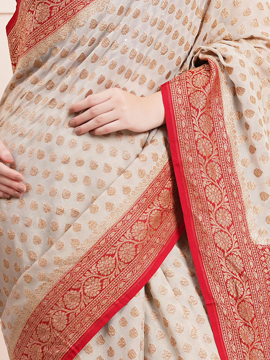 "Elegant pure Khaddi georgette silk saree, perfect for ethnic wear and wedding celebrations, offering a beautiful drape and intricate design for a sophisticated look."