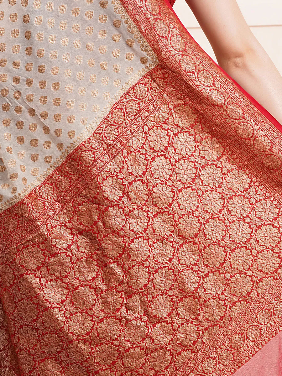 "Elegant pure Khaddi georgette silk saree, perfect for ethnic wear and wedding celebrations, offering a beautiful drape and intricate design for a sophisticated look."