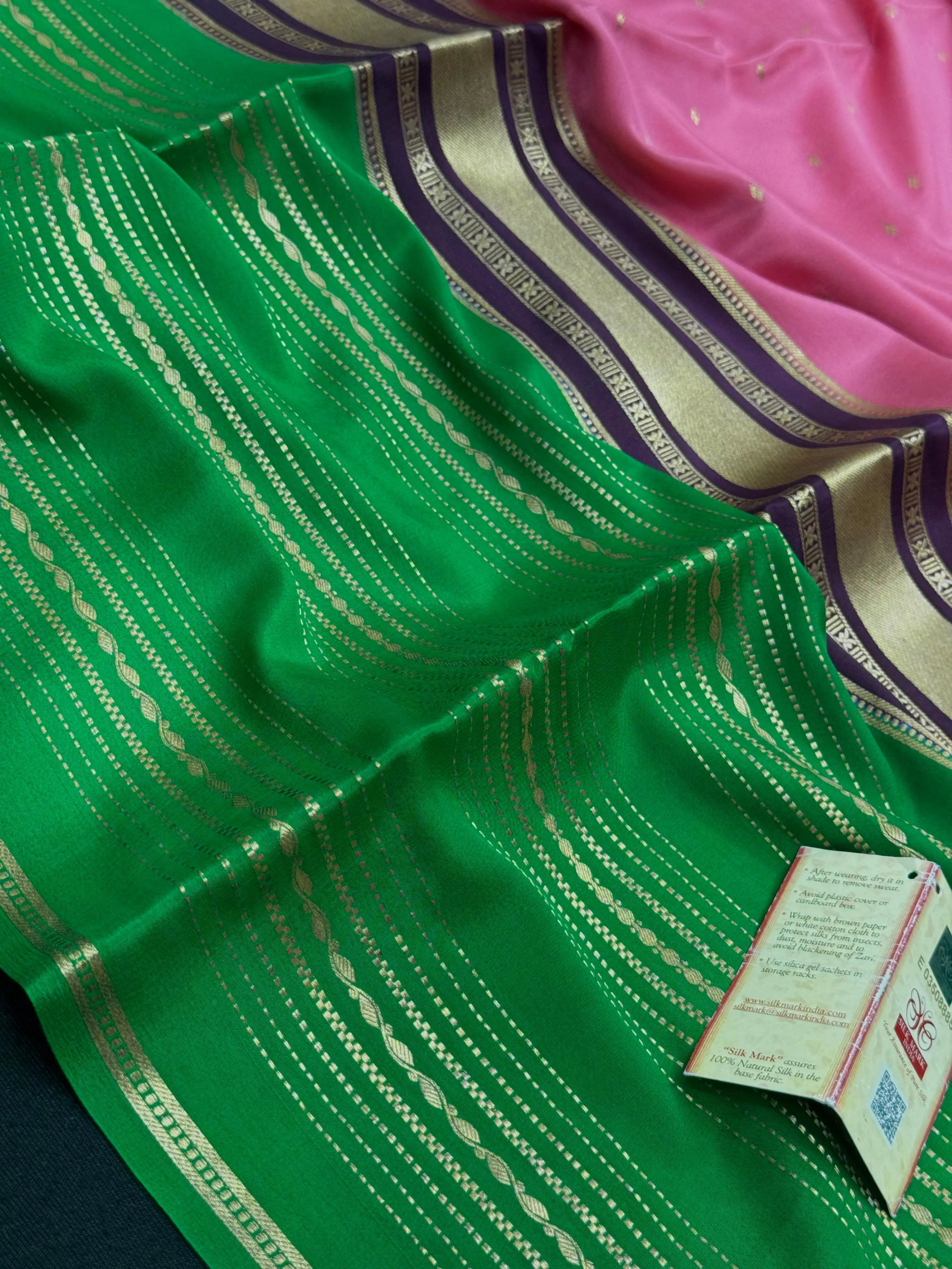 Pure Mysore silk saree with rich zari border and glossy finish – ideal for weddings and traditional wear