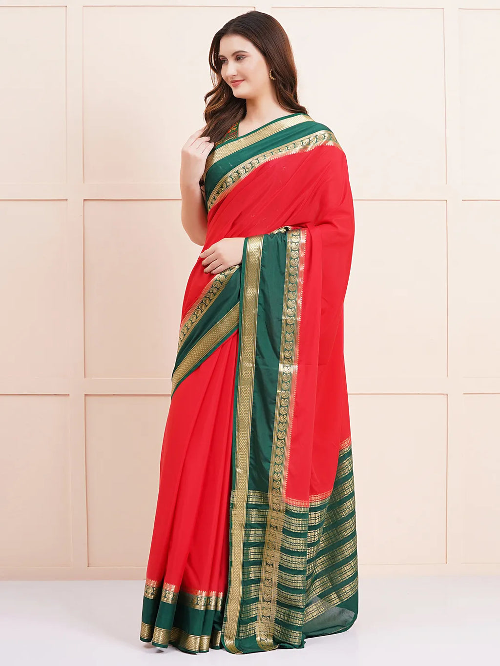 "Elegant red semi Mysore silk saree, perfect for everyday daily wear with soft, lightweight fabric and a timeless design for comfort and style."