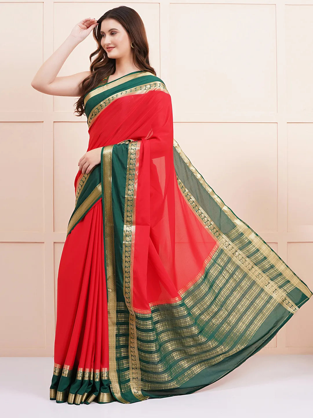 "Elegant red semi Mysore silk saree, perfect for everyday daily wear with soft, lightweight fabric and a timeless design for comfort and style."