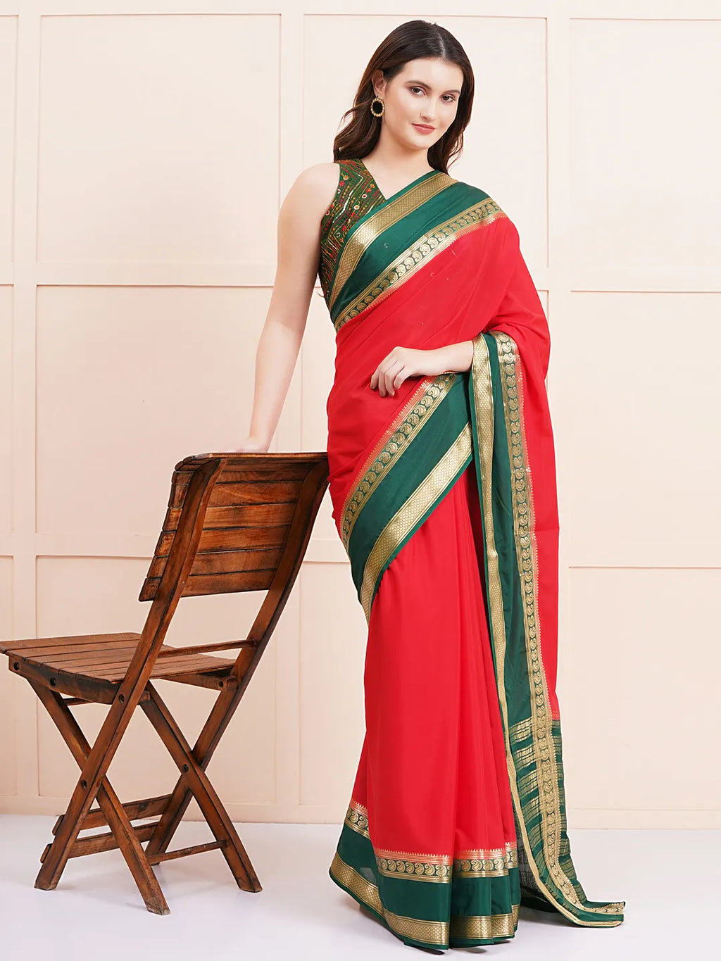 "Elegant red semi Mysore silk saree, perfect for everyday daily wear with soft, lightweight fabric and a timeless design for comfort and style."
