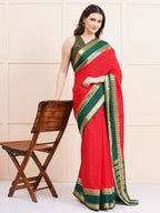 "Elegant red semi Mysore silk saree, perfect for everyday daily wear with soft, lightweight fabric and a timeless design for comfort and style."