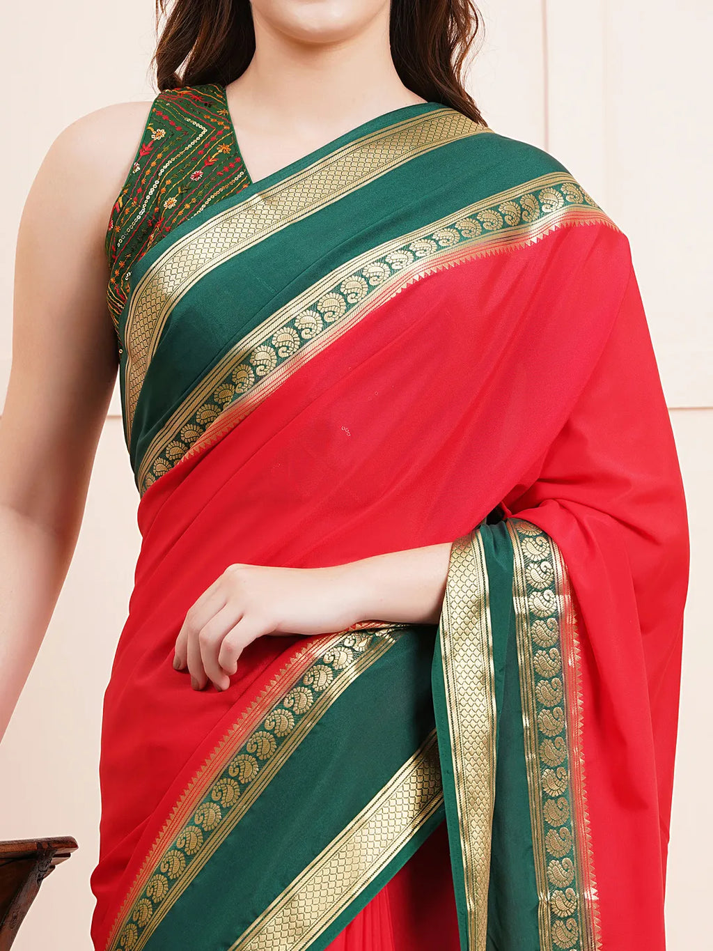 "Elegant red semi Mysore silk saree, perfect for everyday daily wear with soft, lightweight fabric and a timeless design for comfort and style."