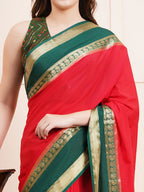 "Elegant red semi Mysore silk saree, perfect for everyday daily wear with soft, lightweight fabric and a timeless design for comfort and style."