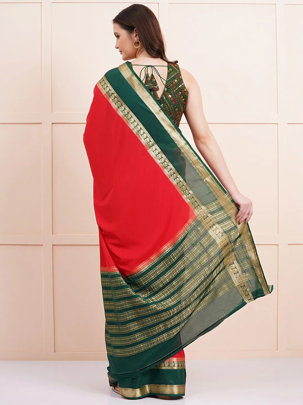 "Elegant red semi Mysore silk saree, perfect for everyday daily wear with soft, lightweight fabric and a timeless design for comfort and style."