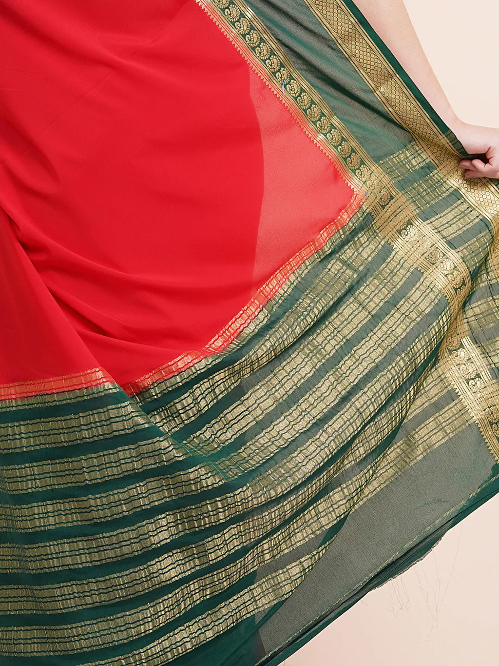 "Elegant red semi Mysore silk saree, perfect for everyday daily wear with soft, lightweight fabric and a timeless design for comfort and style."