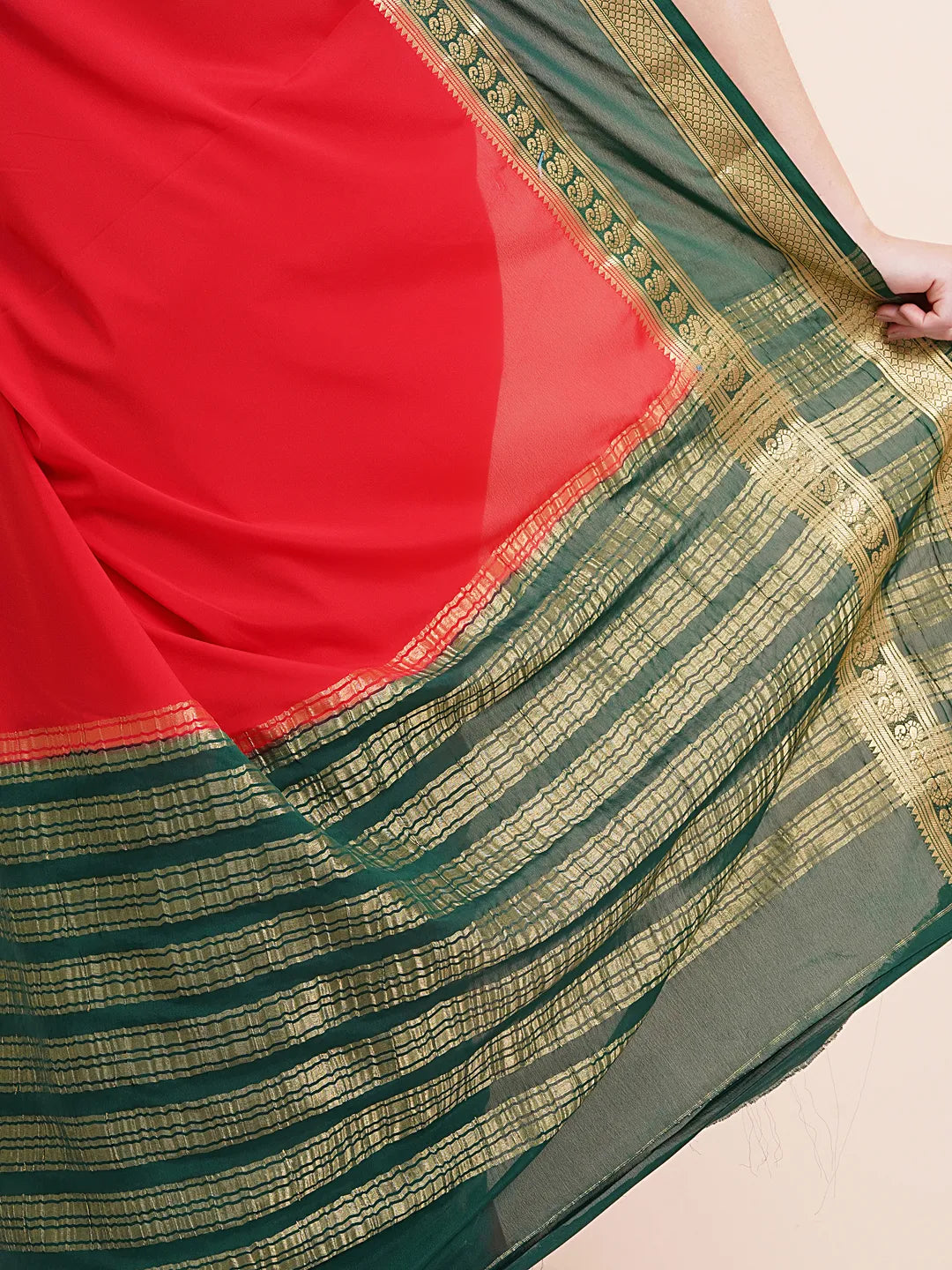 "Elegant red semi Mysore silk saree, perfect for everyday daily wear with soft, lightweight fabric and a timeless design for comfort and style."