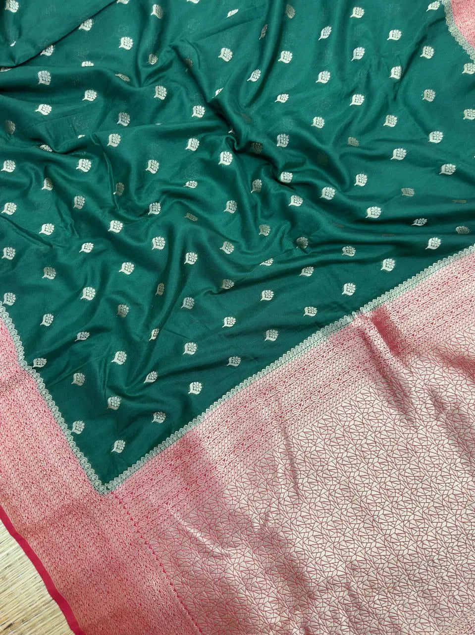 A beautifully draped Semi Banarasi Georgette Saree featuring intricate patterns and delicate weaving. The saree’s lightweight and breathable fabric ensures comfort, making it an ideal choice for daily wear. Perfectly blending traditional design with modern elegance, this saree is suitable for casual and formal occasions.