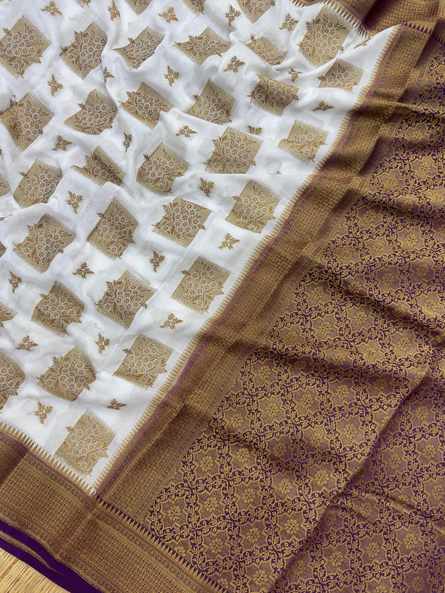 A beautifully draped Semi Banarasi Georgette Saree featuring intricate patterns and delicate weaving. The saree’s lightweight and breathable fabric ensures comfort, making it an ideal choice for daily wear. Perfectly blending traditional design with modern elegance, this saree is suitable for casual and formal occasions.