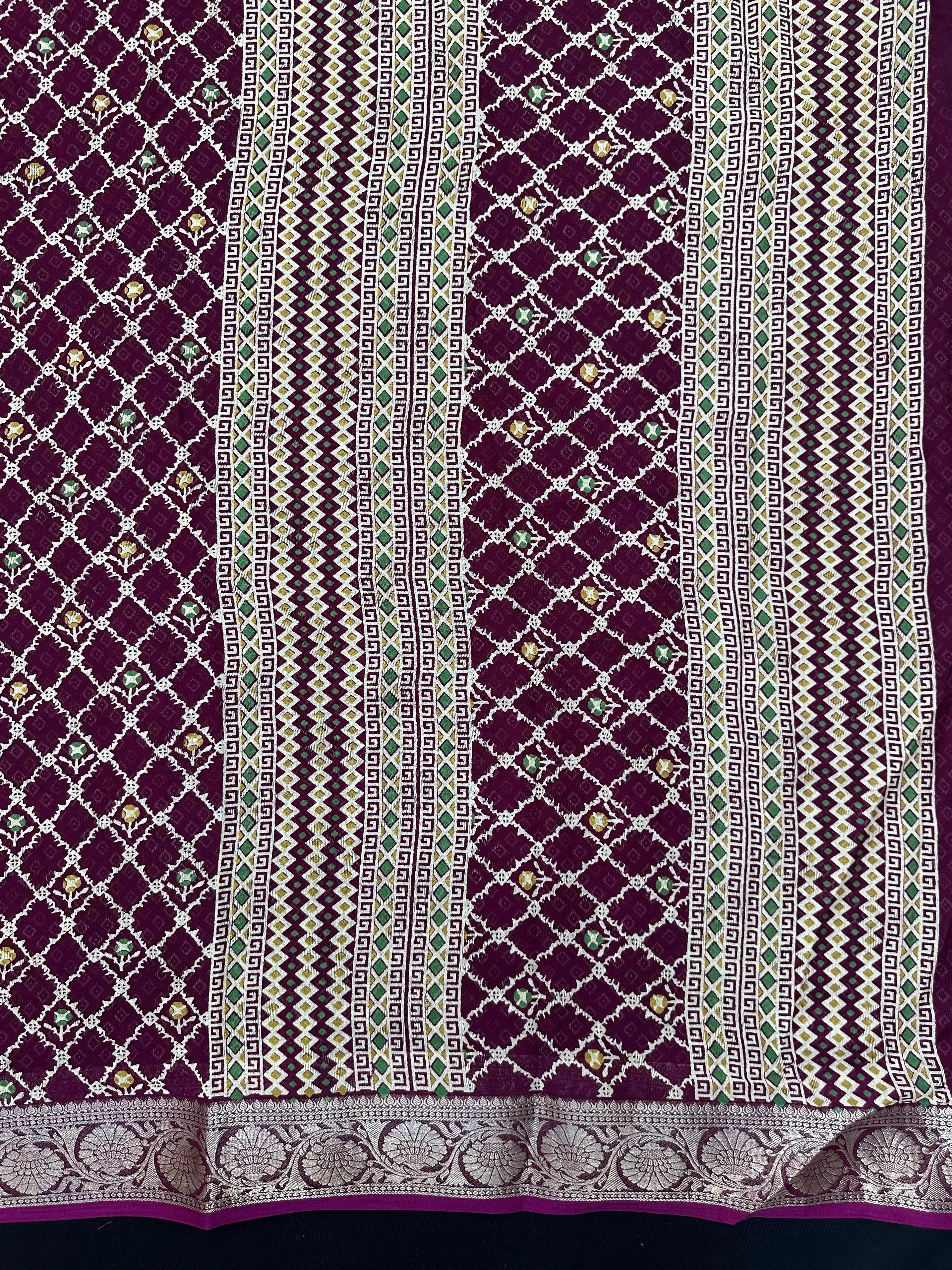 Woman wearing a Semi Georgette Silk Saree with a soft flowing drape and subtle silk shine, perfect for festive and formal occasions.