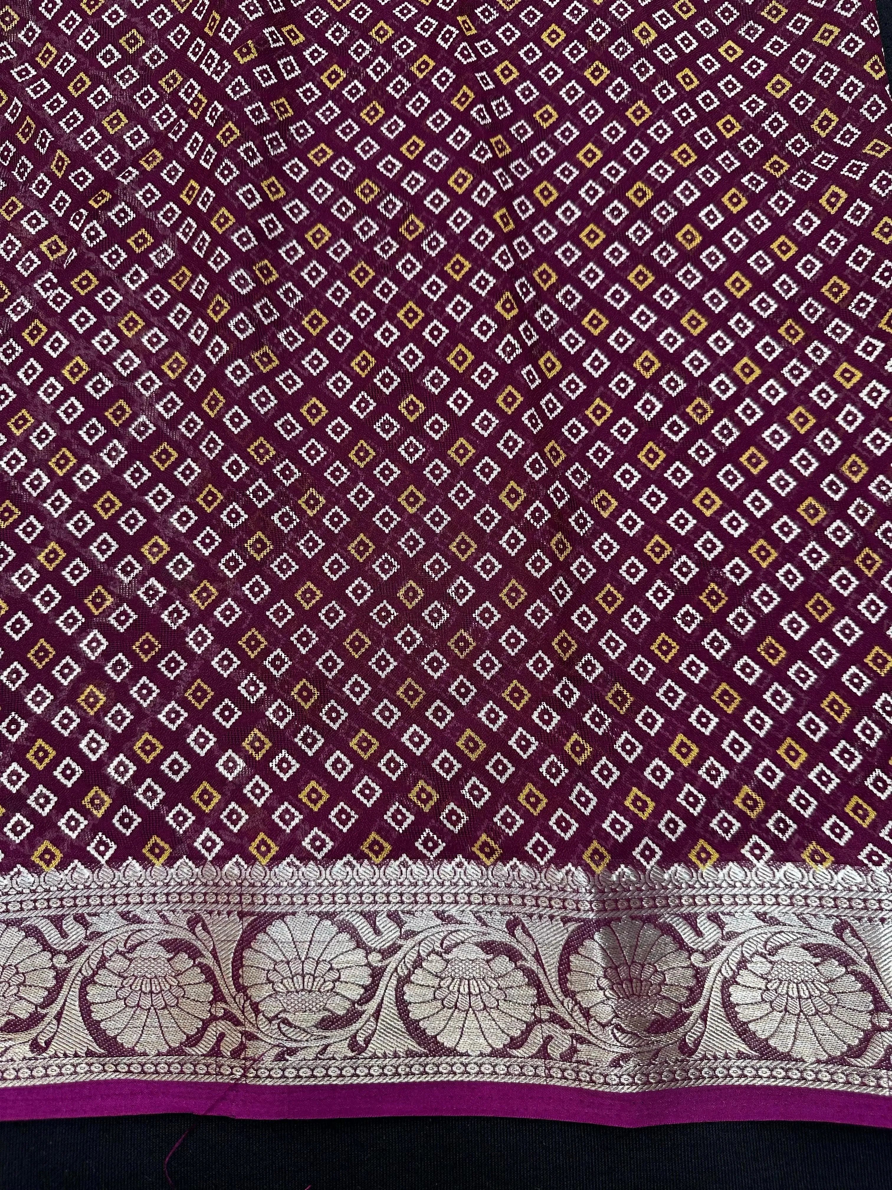 Woman wearing a Semi Georgette Silk Saree with a soft flowing drape and subtle silk shine, perfect for festive and formal occasions.