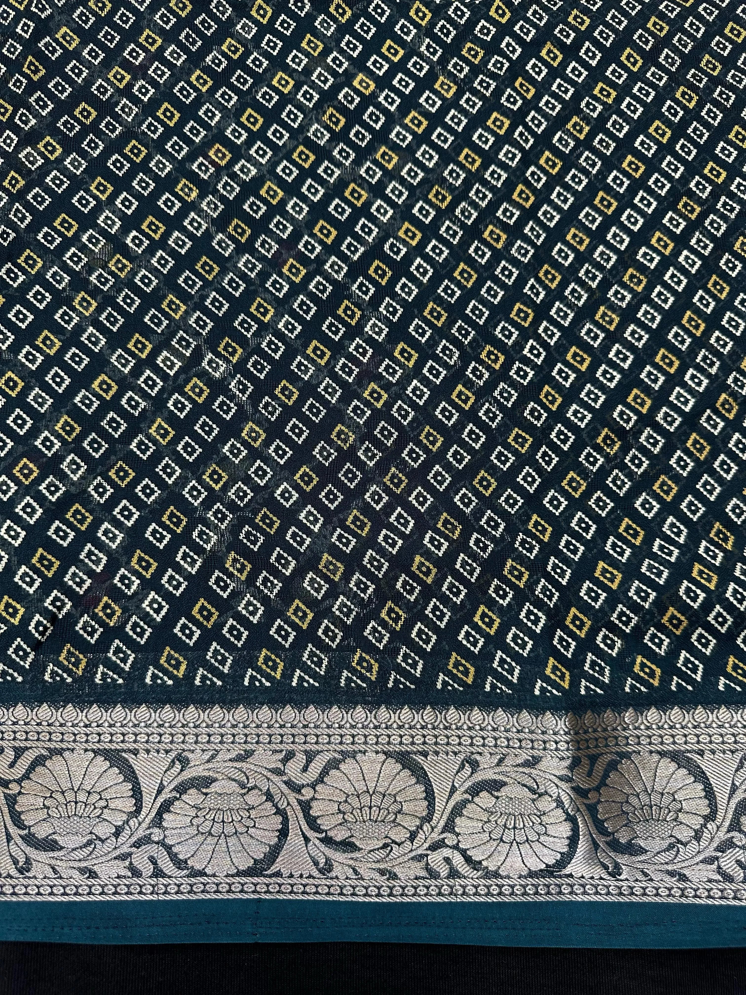 Woman wearing a Semi Georgette Silk Saree with a soft flowing drape and subtle silk shine, perfect for festive and formal occasions.