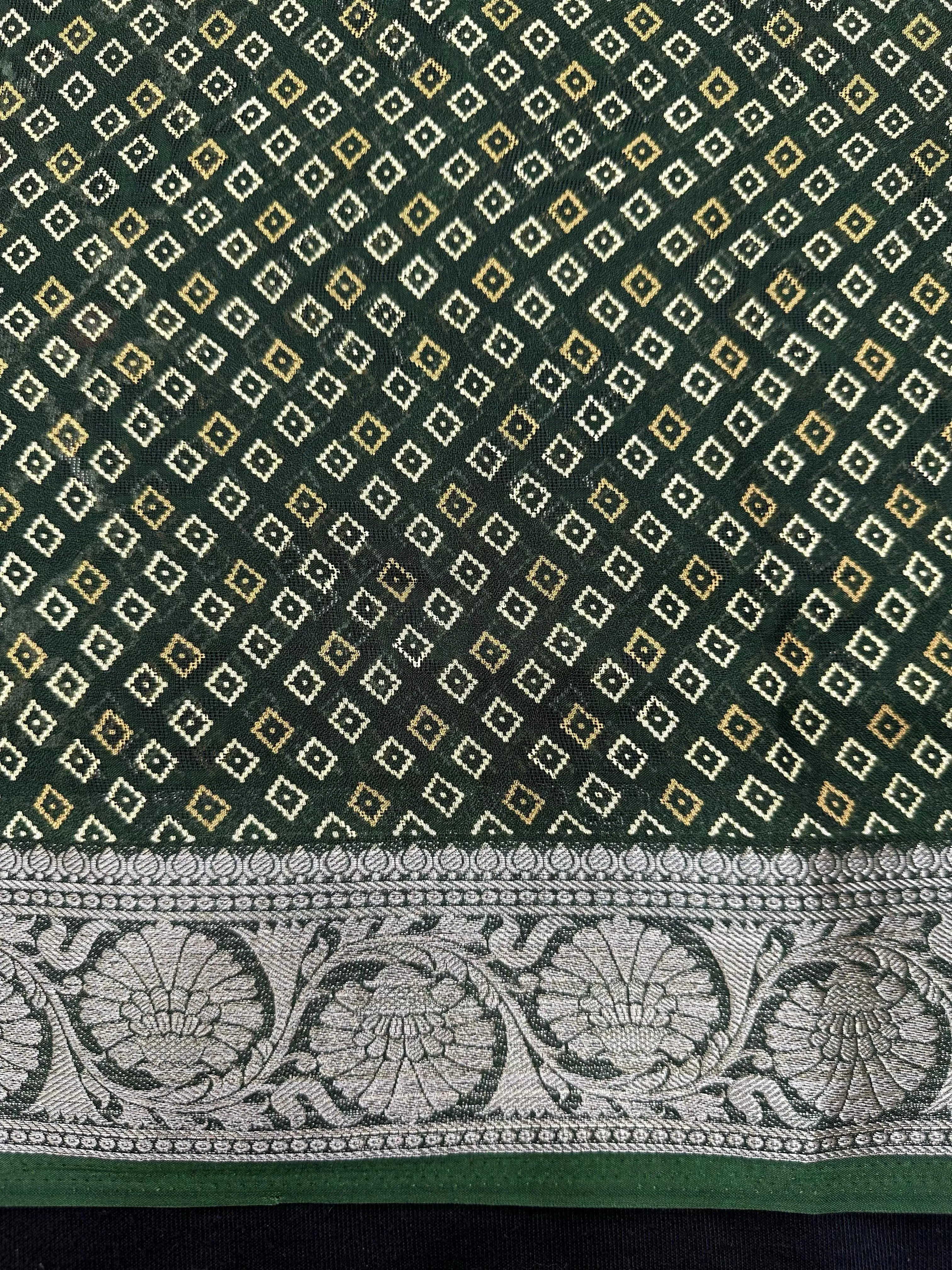 Woman wearing a Semi Georgette Silk Saree with a soft flowing drape and subtle silk shine, perfect for festive and formal occasions.