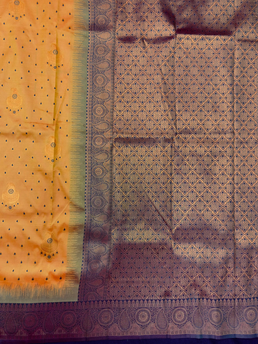 Semi Kanjivaram silk saree with rich zari border and traditional South Indian motifs – ideal for festive and wedding wear