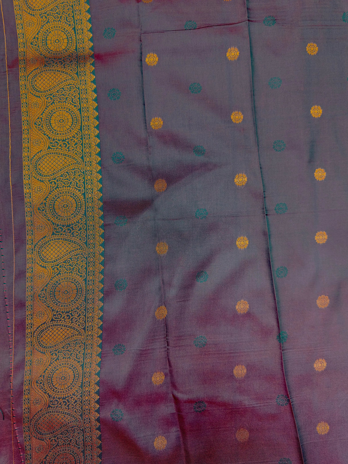 Semi Kanjivaram silk saree with rich zari border and traditional South Indian motifs – ideal for festive and wedding wear
