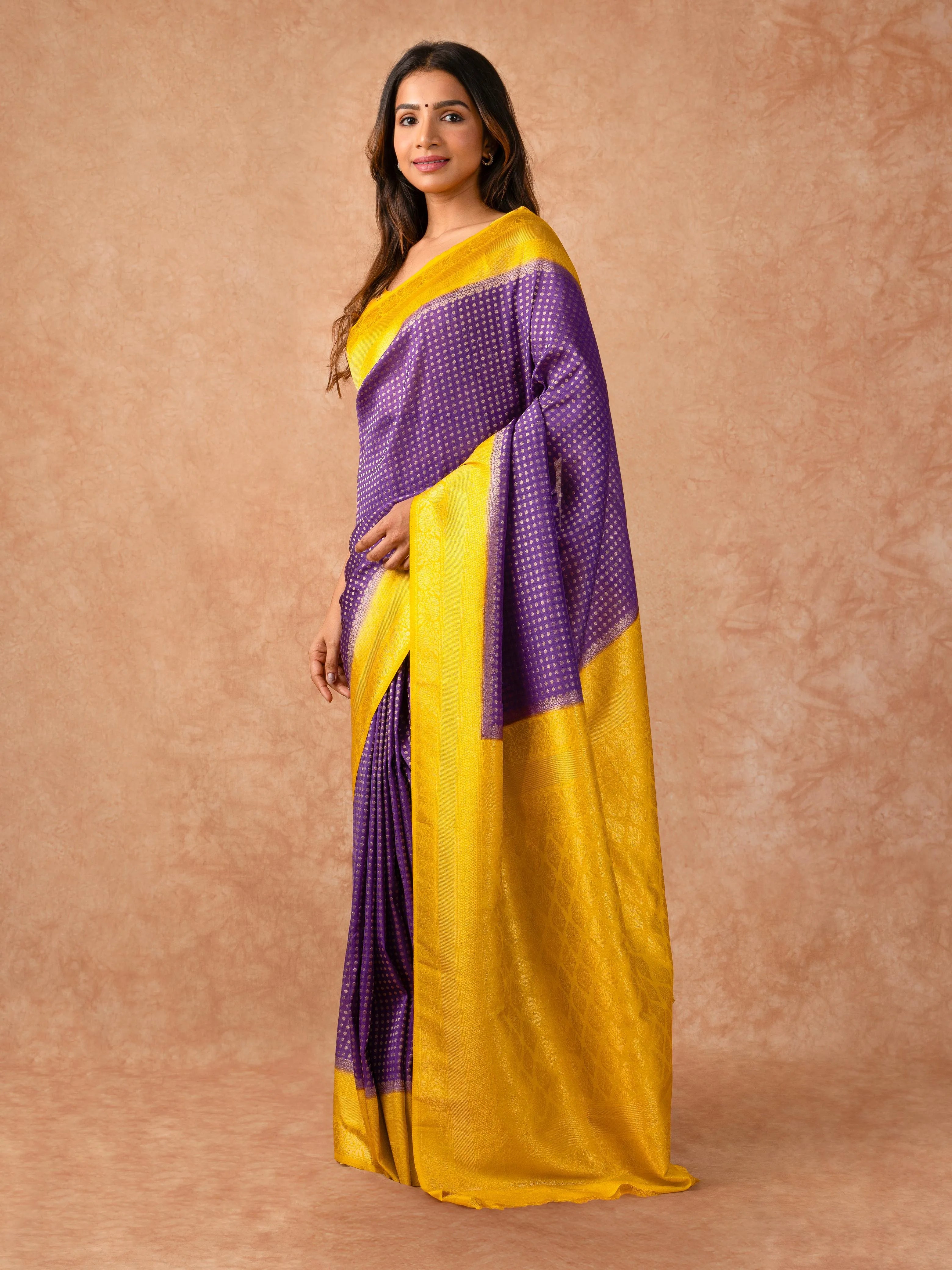 “Woman draped in a Semi Khaddi Georgette saree featuring intricate Banarasi motifs and a soft, flowy texture—perfect blend of tradition and lightness.”