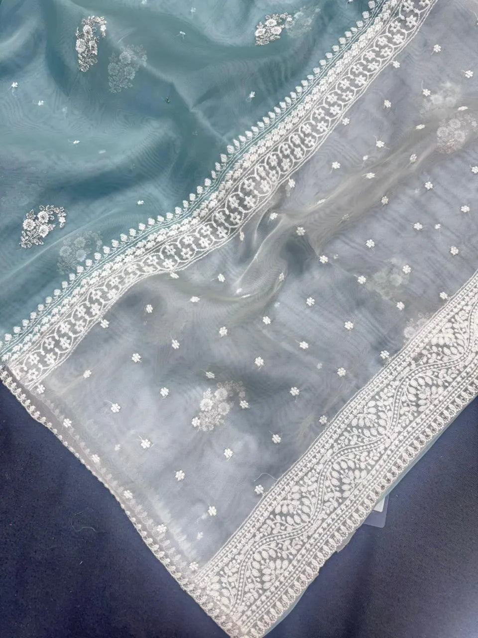 Elegant Organza Saree with Intricate Border – Lightweight & Stylish (Silver Tissue)