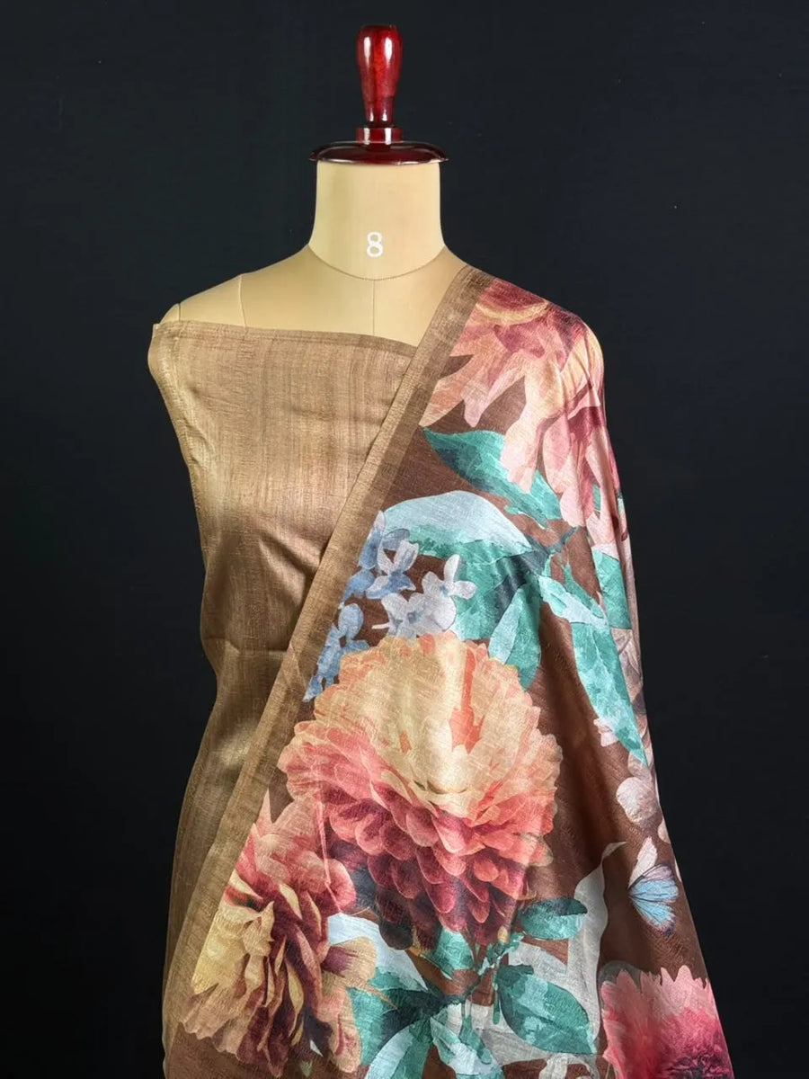 Tasar Silk Handloom Saree with Botanical Floral Print