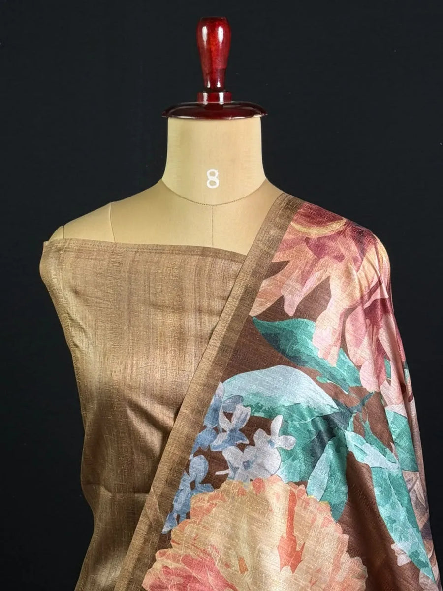 Tasar Silk Handloom Saree with Botanical Floral Print