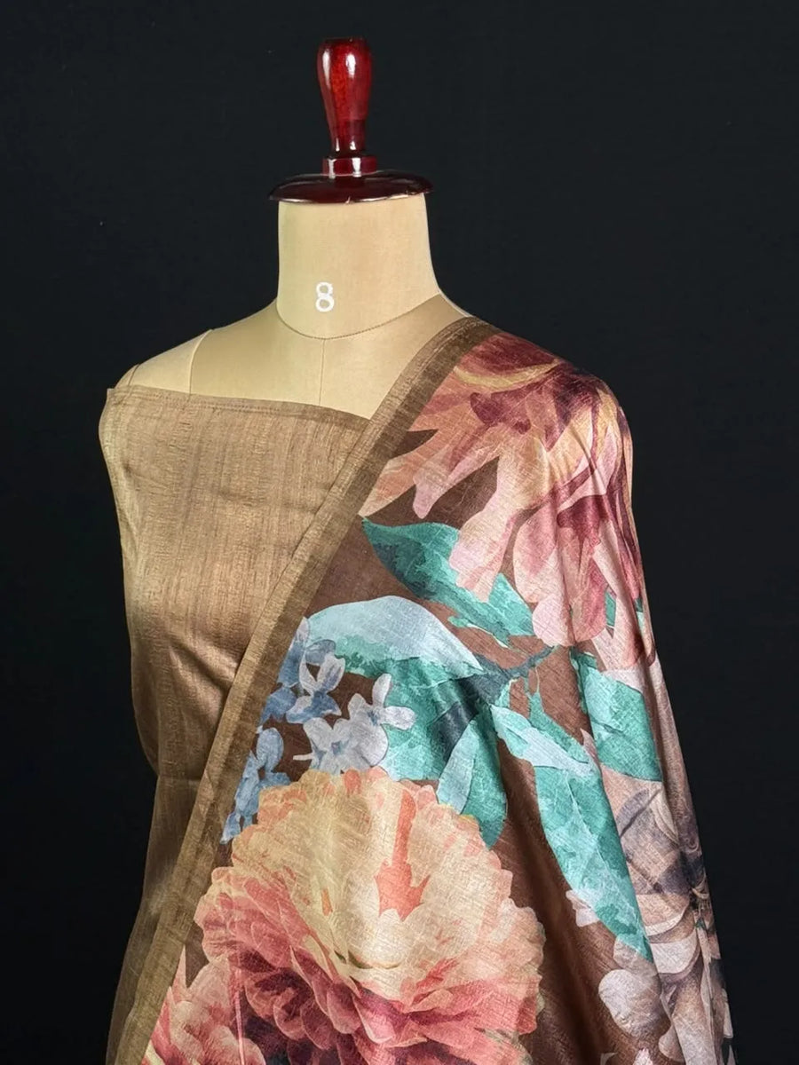 Tasar Silk Handloom Saree with Botanical Floral Print