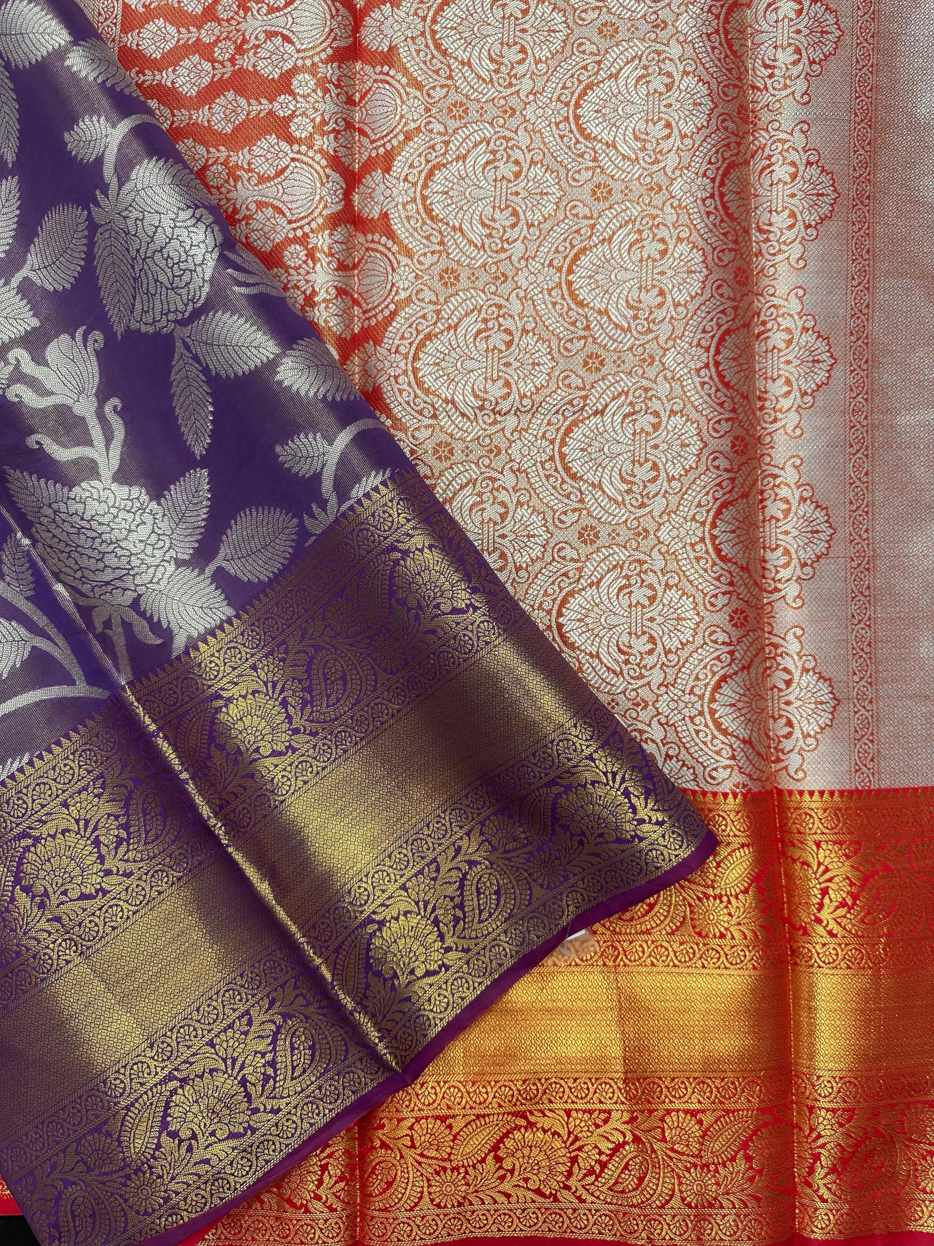 Model draped in a shimmering Tissue Banarasi Silk Saree with zari border, ideal for wedding and festive celebrations.