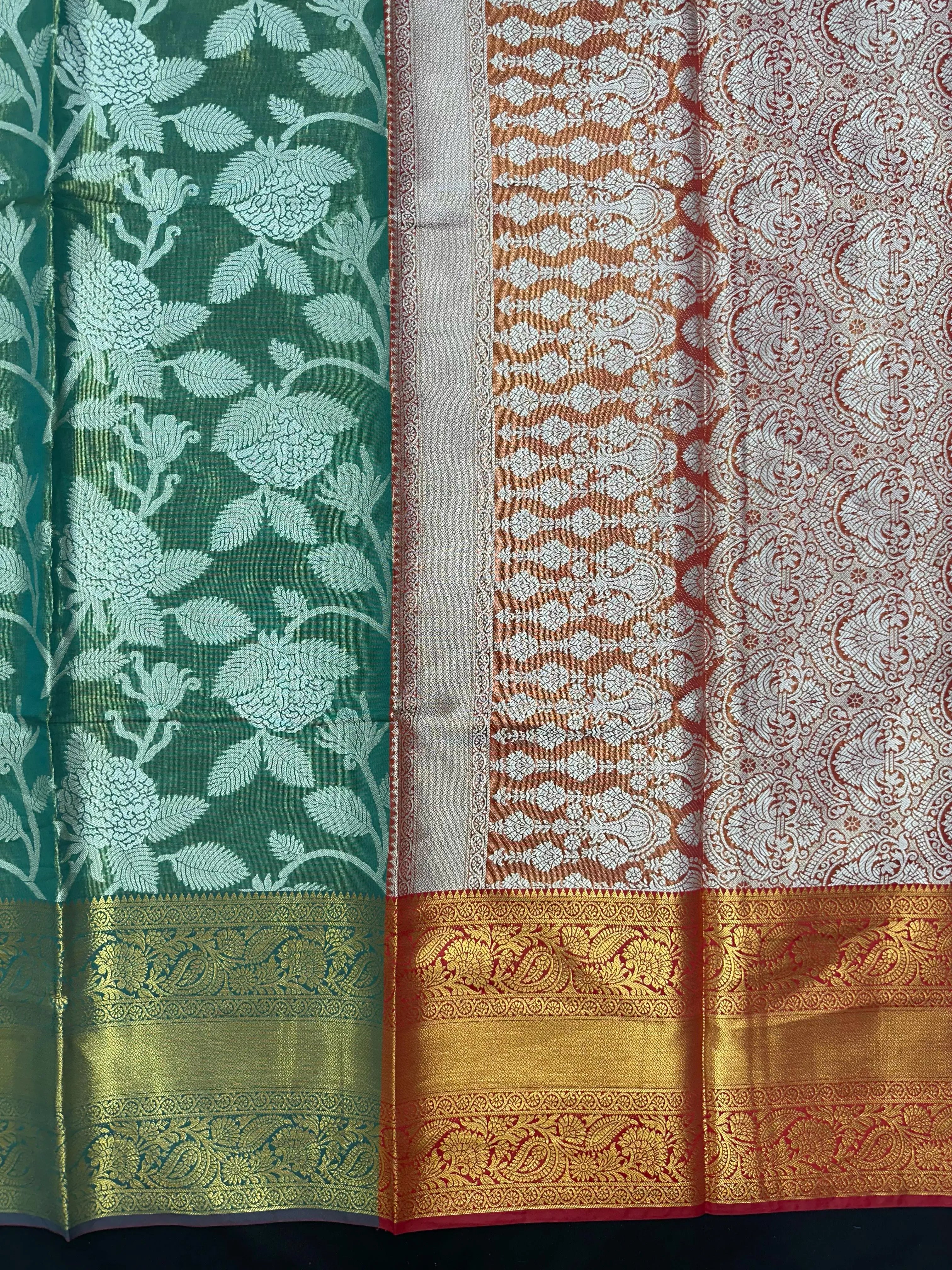 Model draped in a shimmering Tissue Banarasi Silk Saree with zari border, ideal for wedding and festive celebrations.