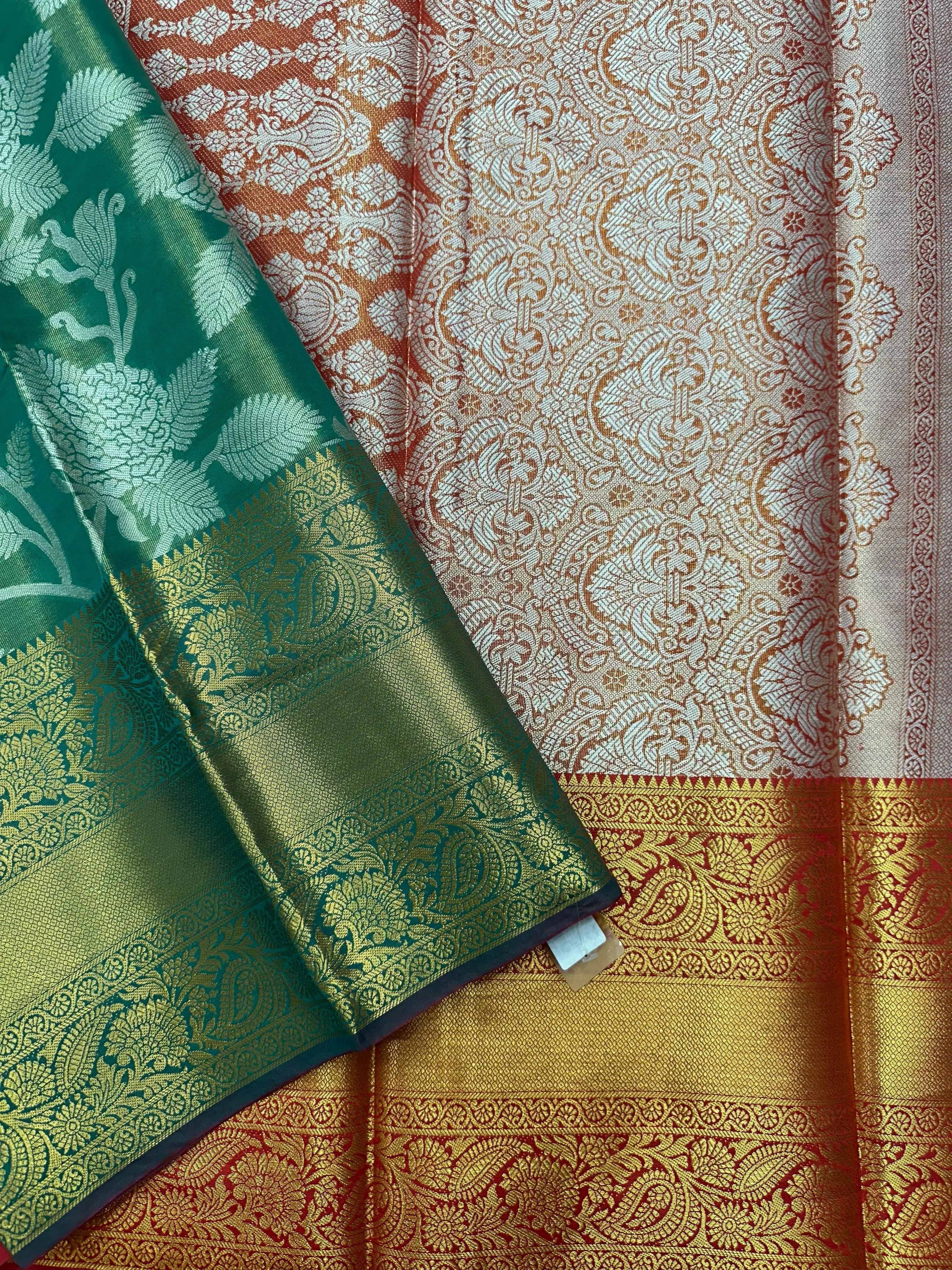 Model draped in a shimmering Tissue Banarasi Silk Saree with zari border, ideal for wedding and festive celebrations.