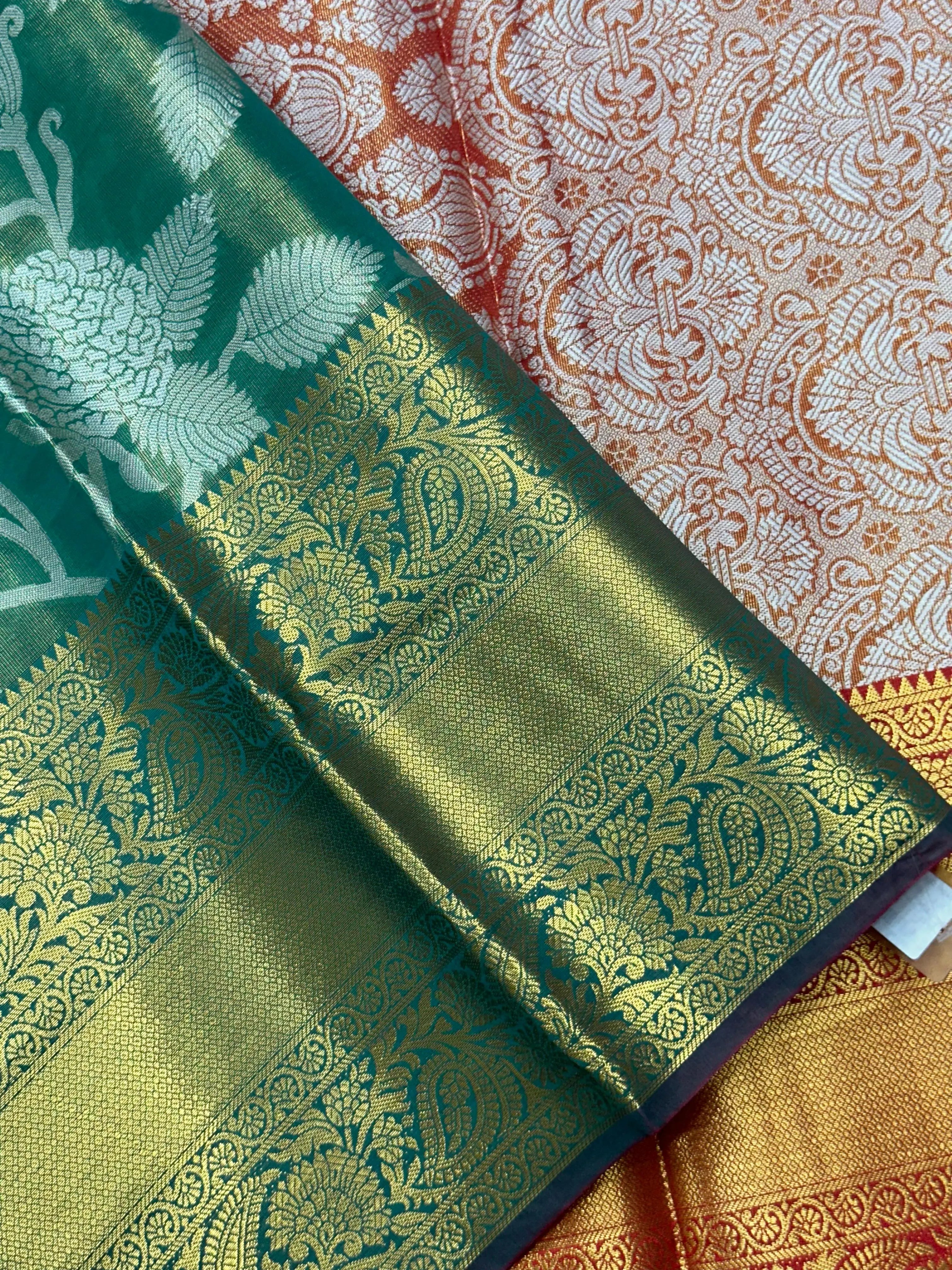 Model draped in a shimmering Tissue Banarasi Silk Saree with zari border, ideal for wedding and festive celebrations.