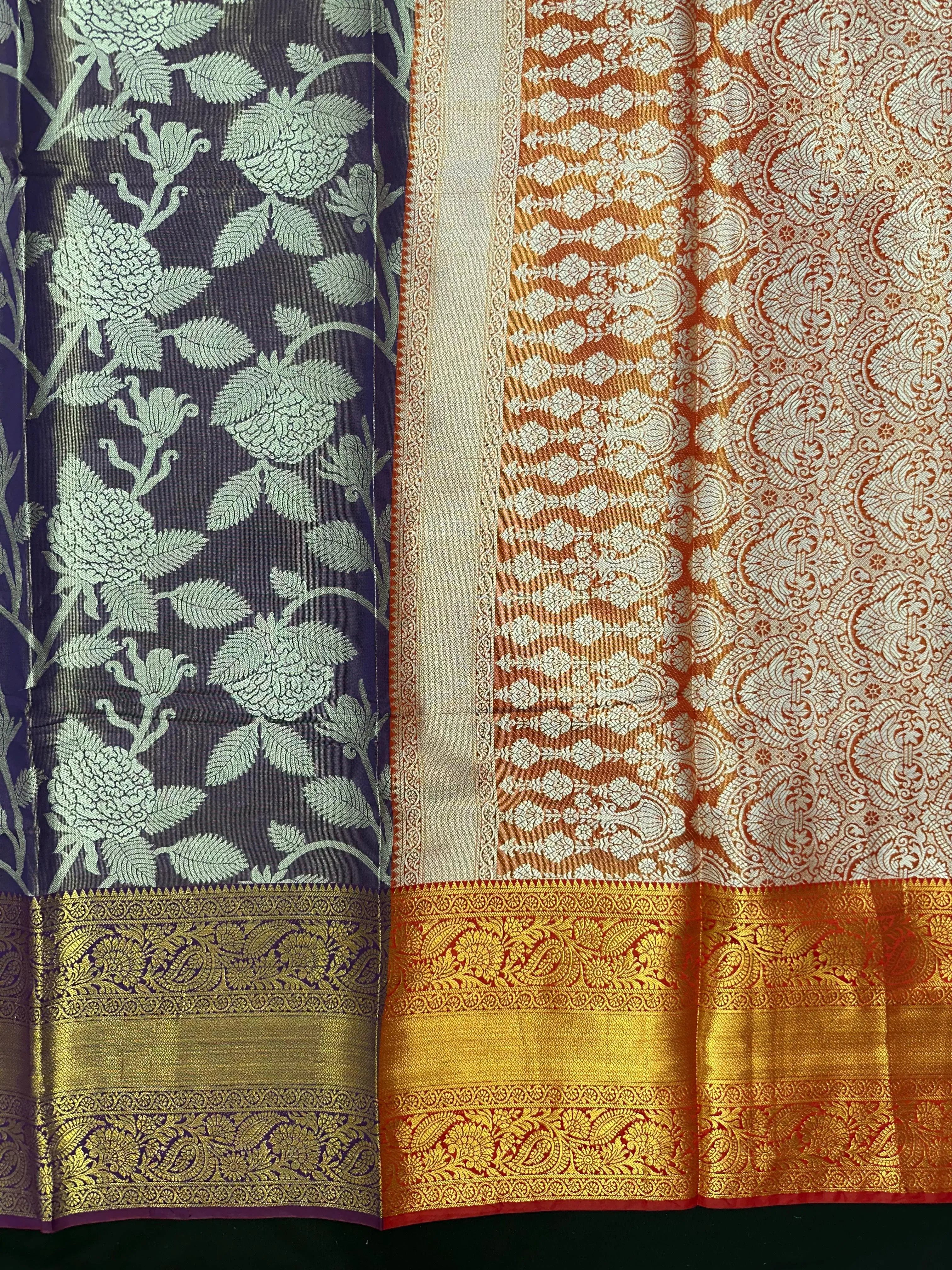 Model draped in a shimmering Tissue Banarasi Silk Saree with zari border, ideal for wedding and festive celebrations.