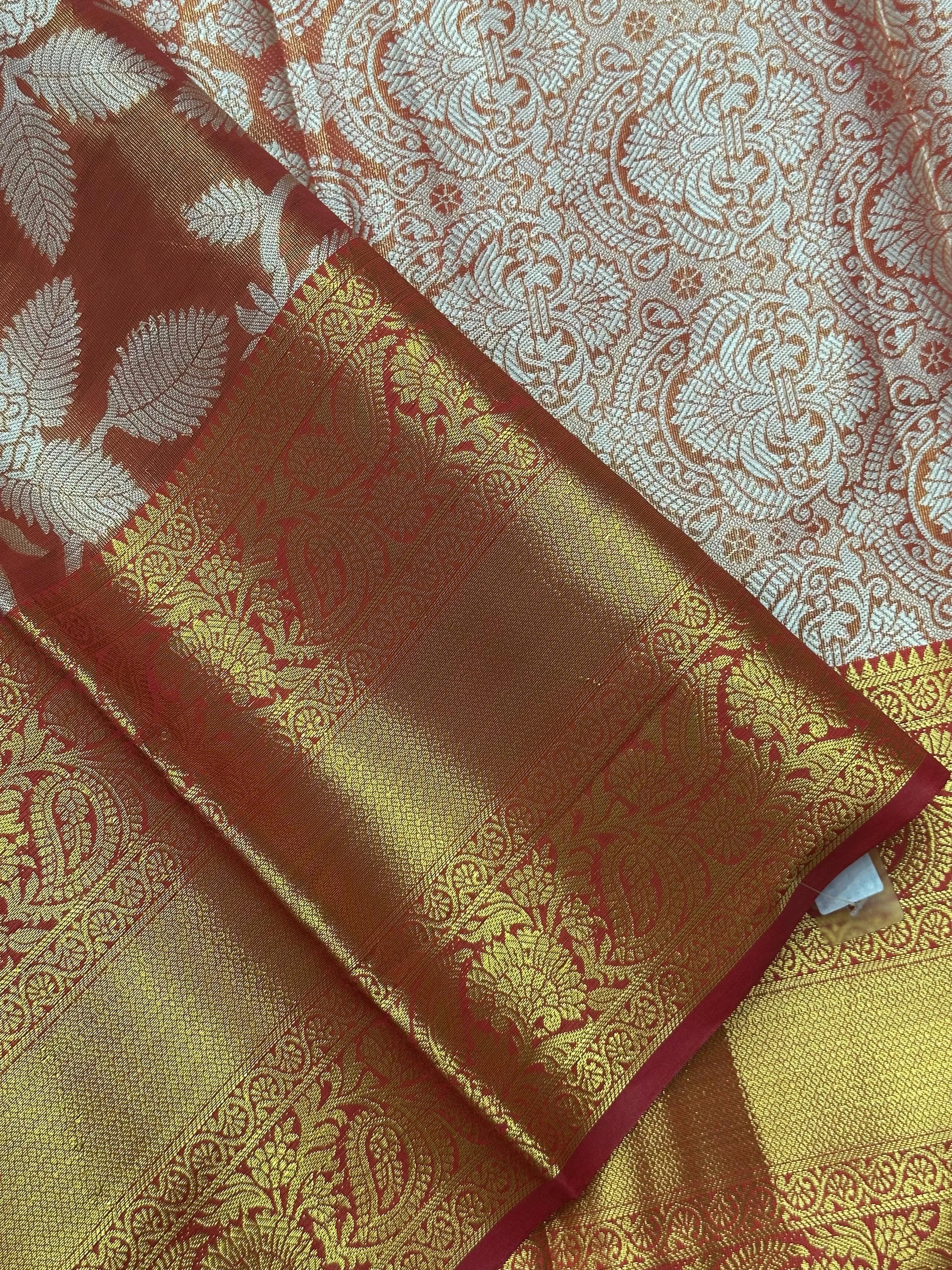 Model draped in a shimmering Tissue Banarasi Silk Saree with zari border, ideal for wedding and festive celebrations.