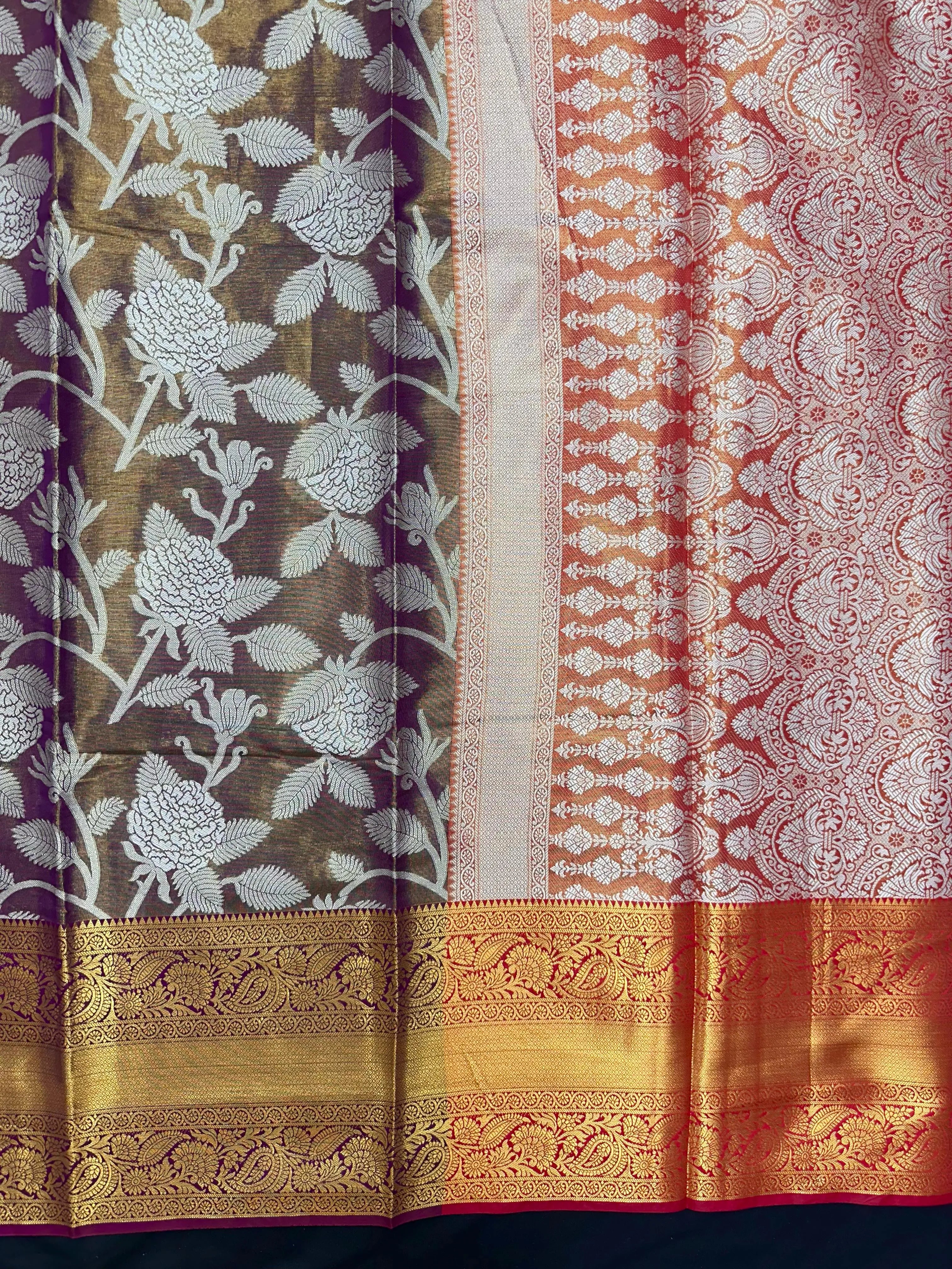Model draped in a shimmering Tissue Banarasi Silk Saree with zari border, ideal for wedding and festive celebrations.