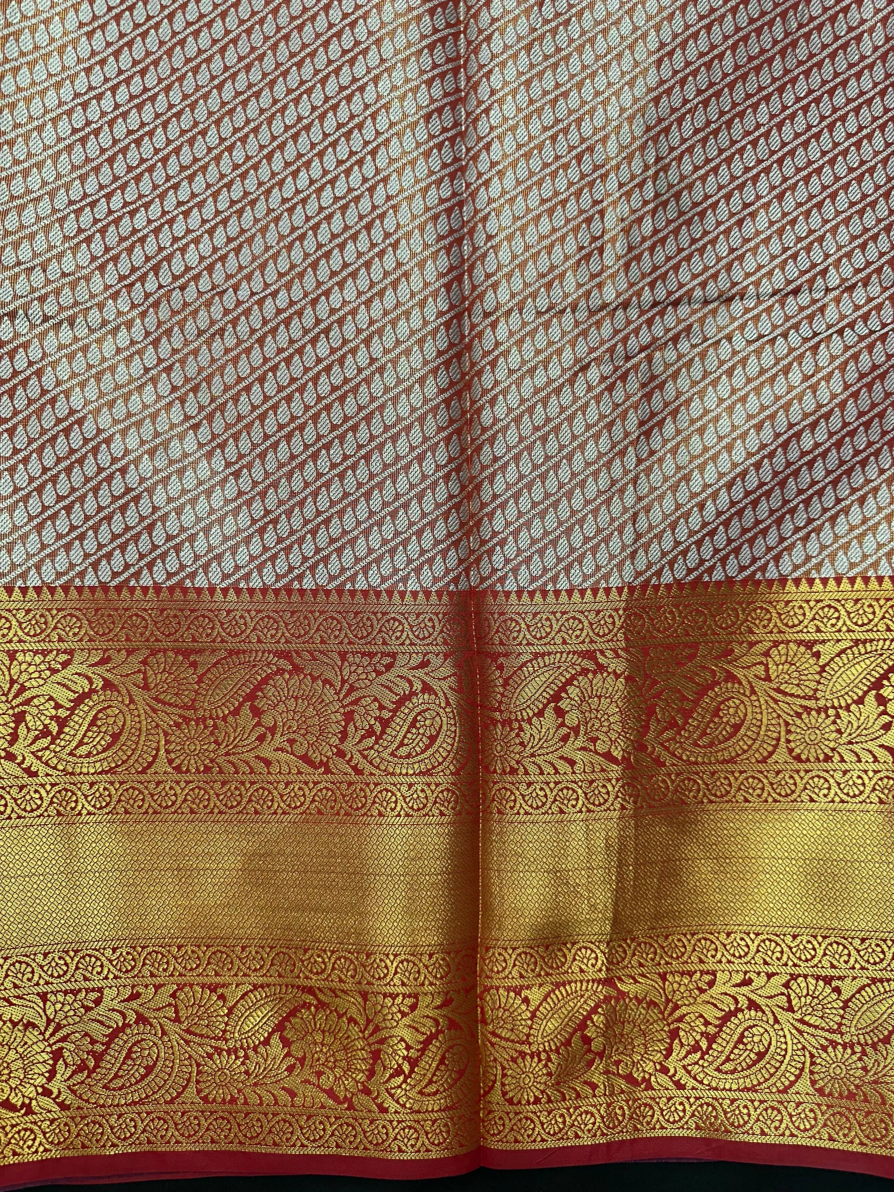 Model draped in a shimmering Tissue Banarasi Silk Saree with zari border, ideal for wedding and festive celebrations.